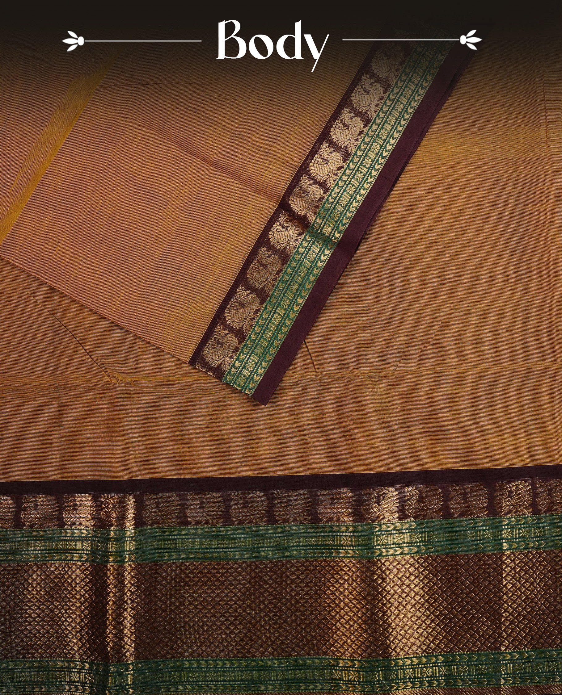 Olive colour chettinad cotton saree featuring Plain body, complemented by Contrast Brown & Green Colour With Gold Zari border, paired with matching blouse piece.