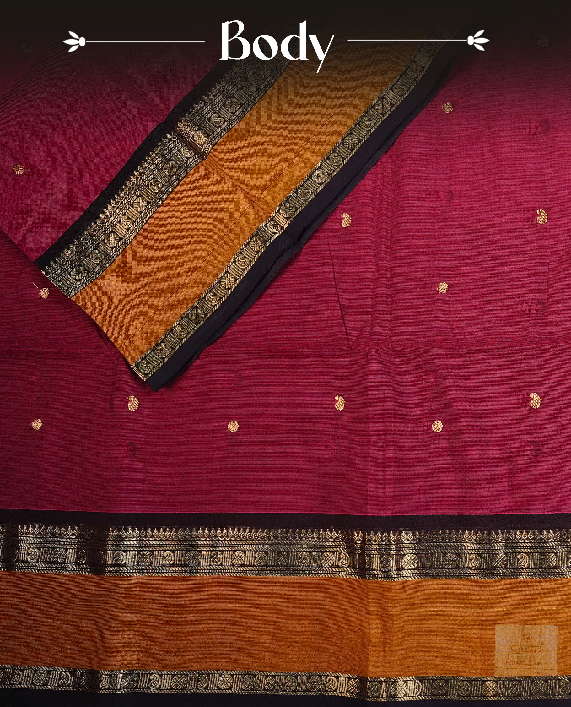 Dark Magenta colour chettinad cotton saree featuring Gold Motifs on body, complemented by Contrast Mustard Colour With Gold Zari border, paired with matching blouse piece.