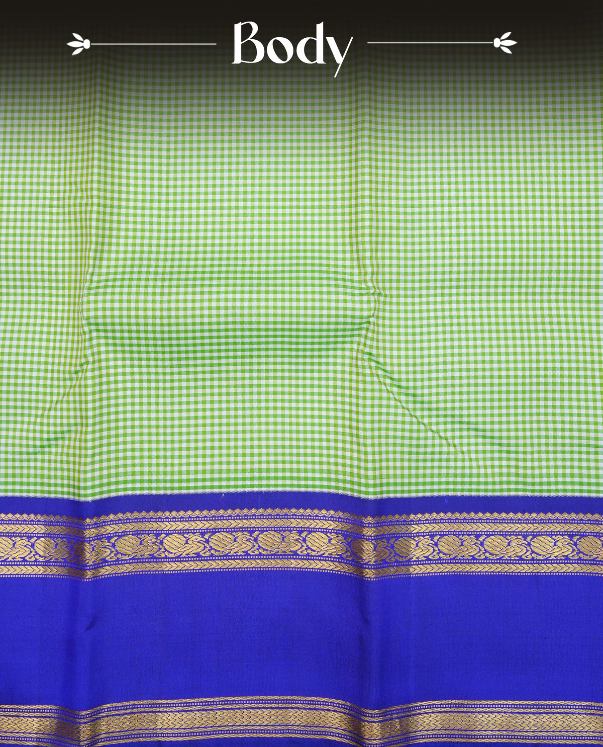 Green & white Traditional kancheepuram silk saree, Small check Design body, contrast Navy blue colour with Gold zari border, comes with matching blouse piece.