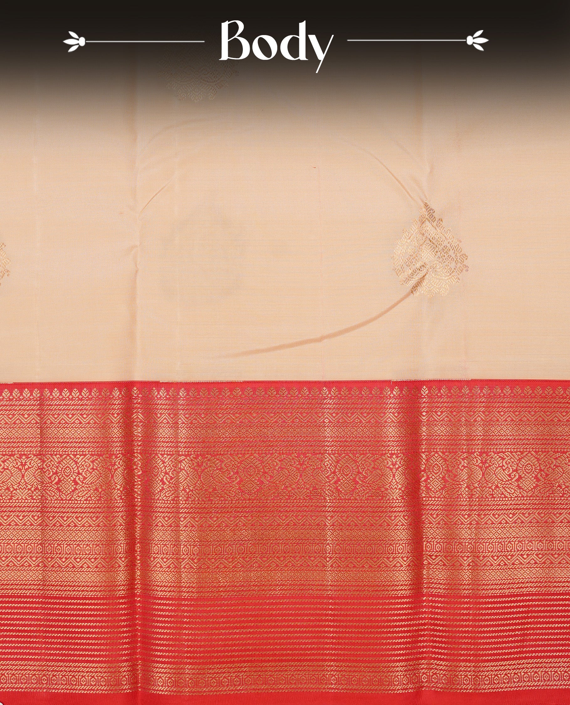 Cream colour Traditional Kancheepuram silk saree featuring gold zari motifs on body, enhanced with contrast Red with traditional border, paired with matching blouse piece.