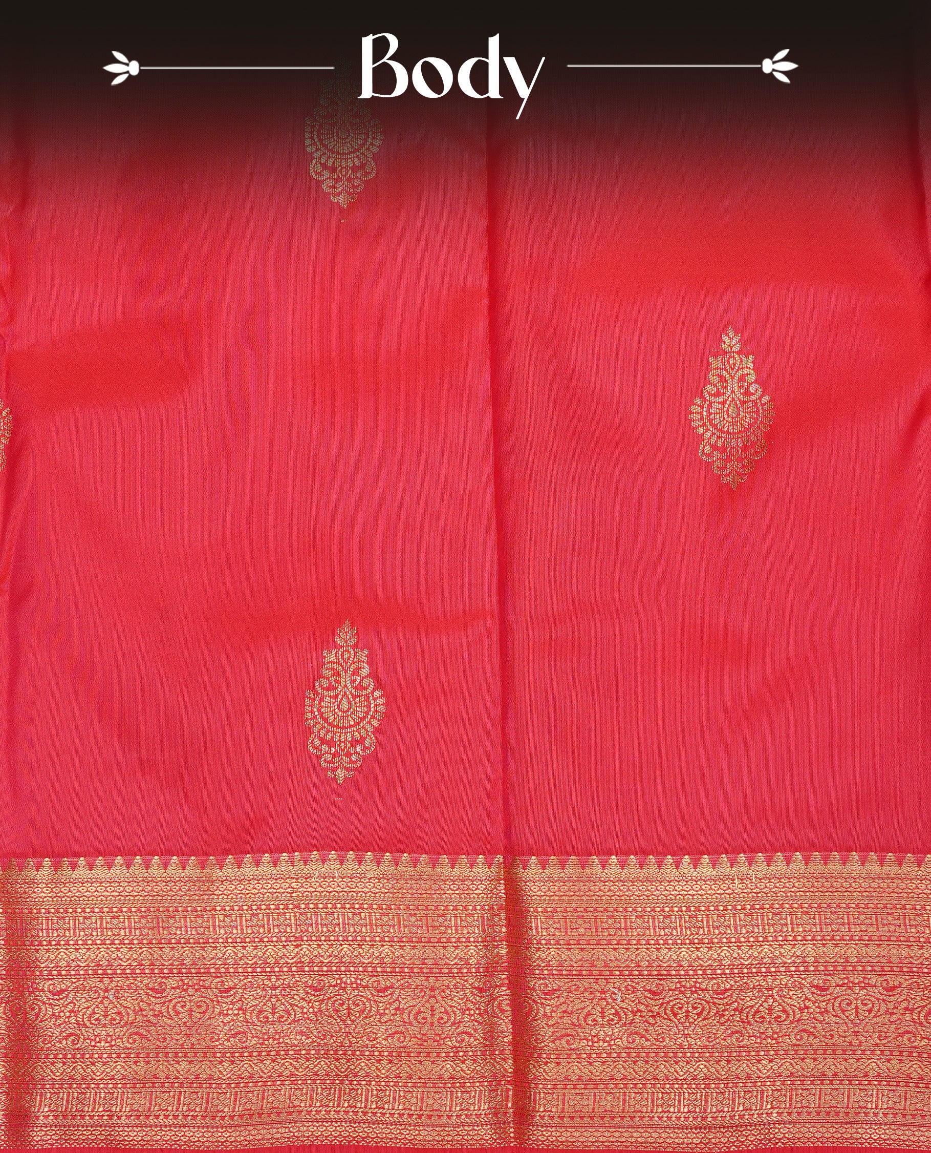 Red Semi Wedding Silk Saree featuring Gold Zari Motifs On body, Complemented with traditional zari with Self colour border, paired with matching blouse piece.