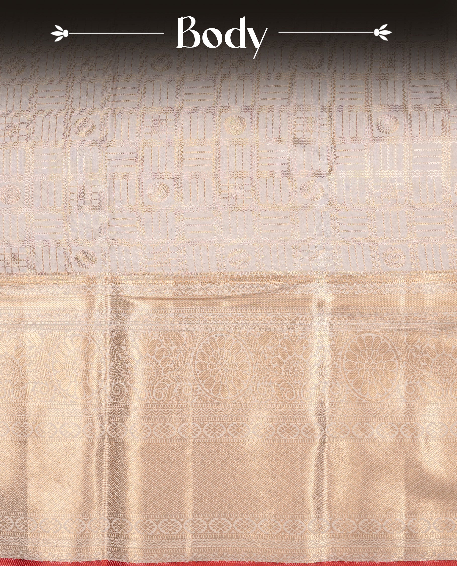 White Semi Wedding Silk Saree featuring Gold Zari Check with Motifs On body, Complemented with traditional zari with Self colour border with red piping, paired with matching blouse piece.