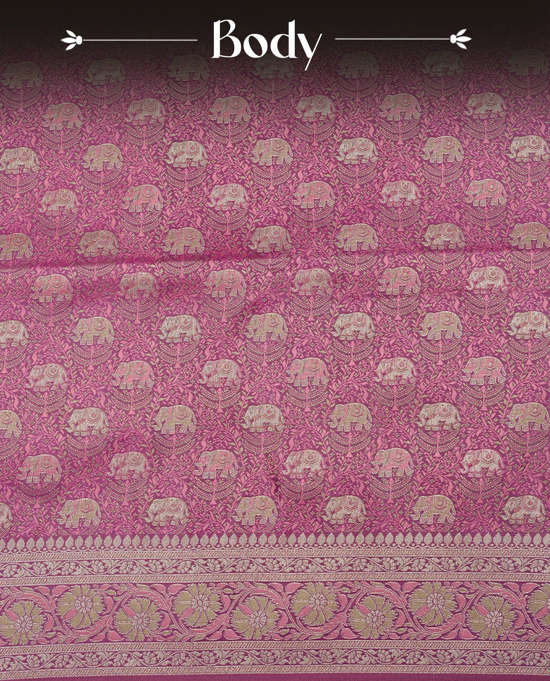 Maroon colour Mulberry silk saree featuring gold zari elephant & floral kodi pattern across body, complemented by self colour border with gold zari work, comes with matching blouse piece.