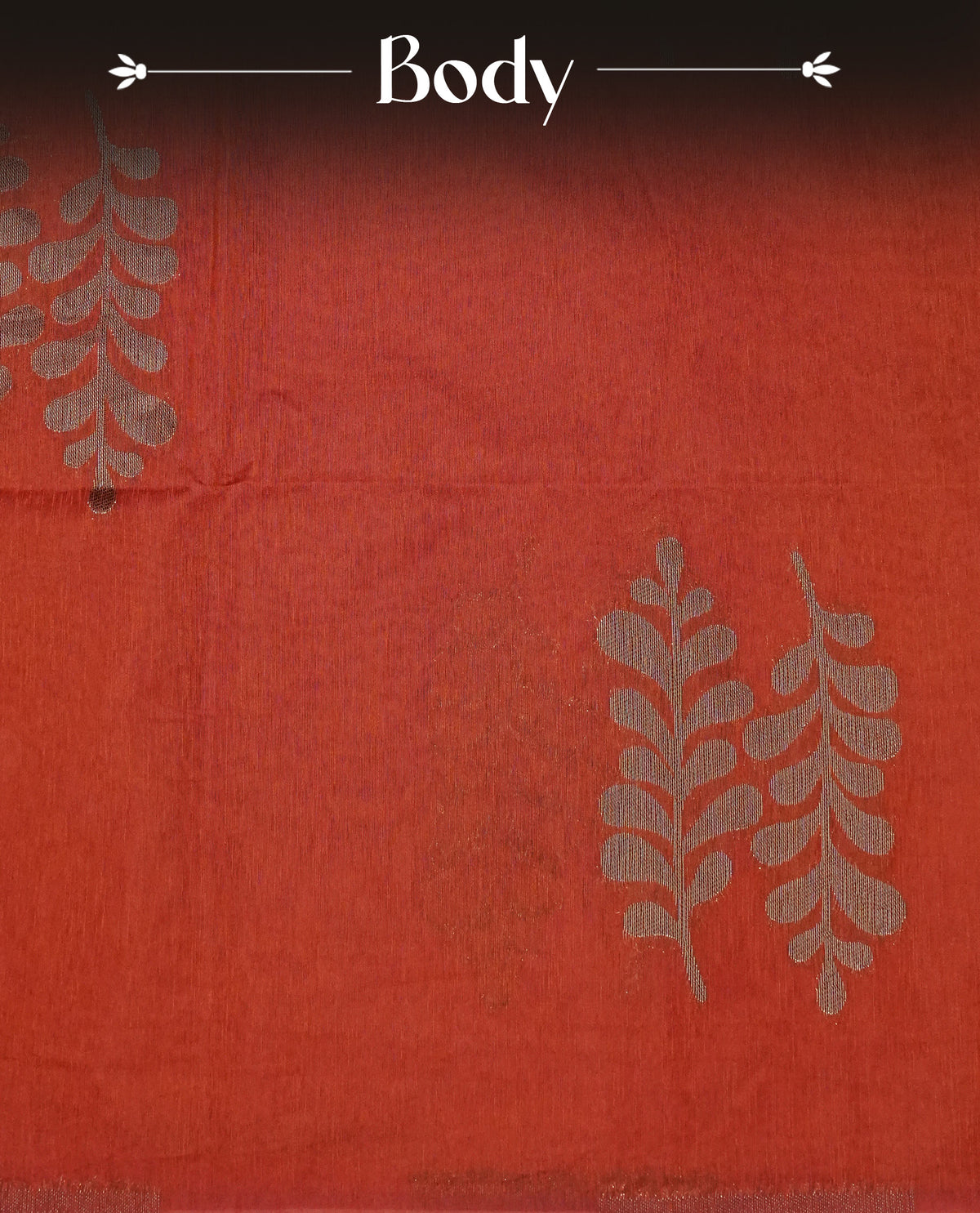 Brick red colour semi silk saree featuring Gold zari Leaf pattern on body, complemented by contrast colour with Gold zari border, comes with matching blouse piece.