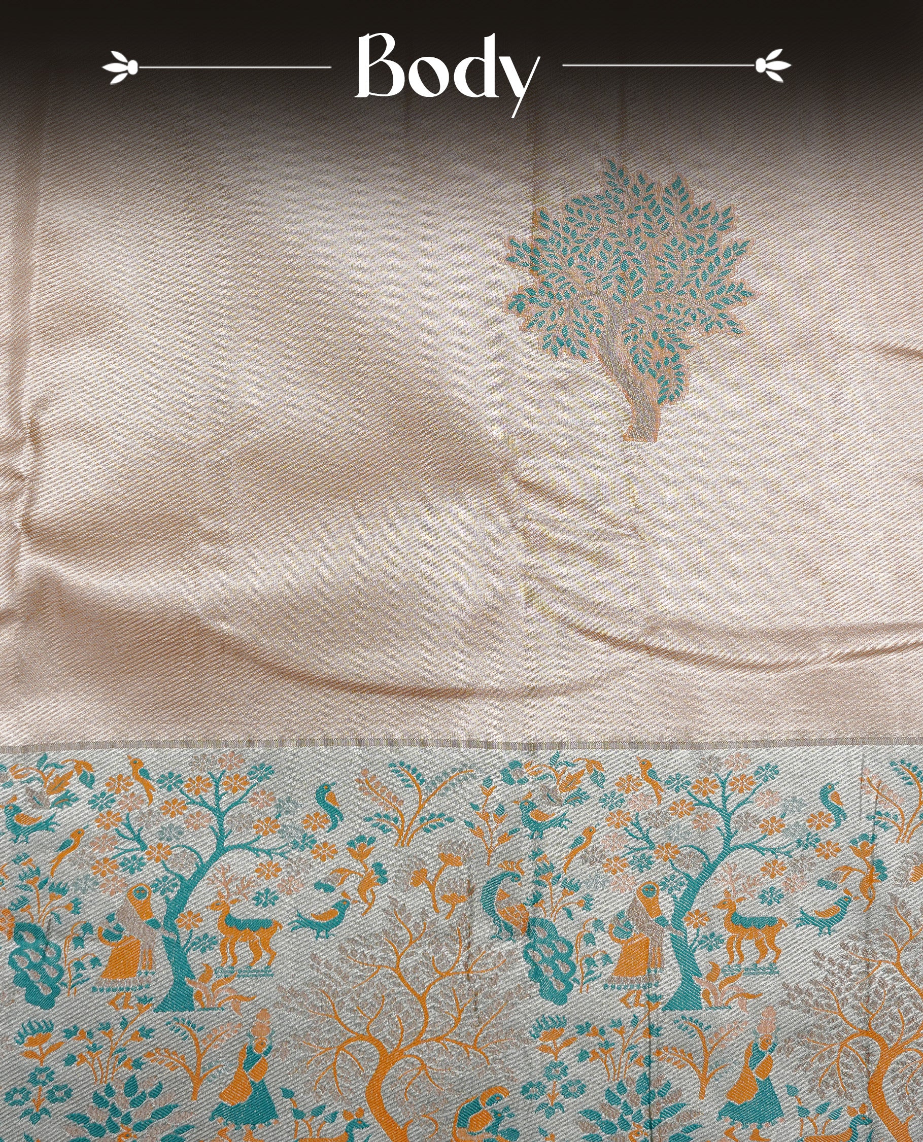 Golden colour Tissue Silk Saree features intricate tree Motifs on body and fancy border & pallu with floral patterns, paired with matching blouse