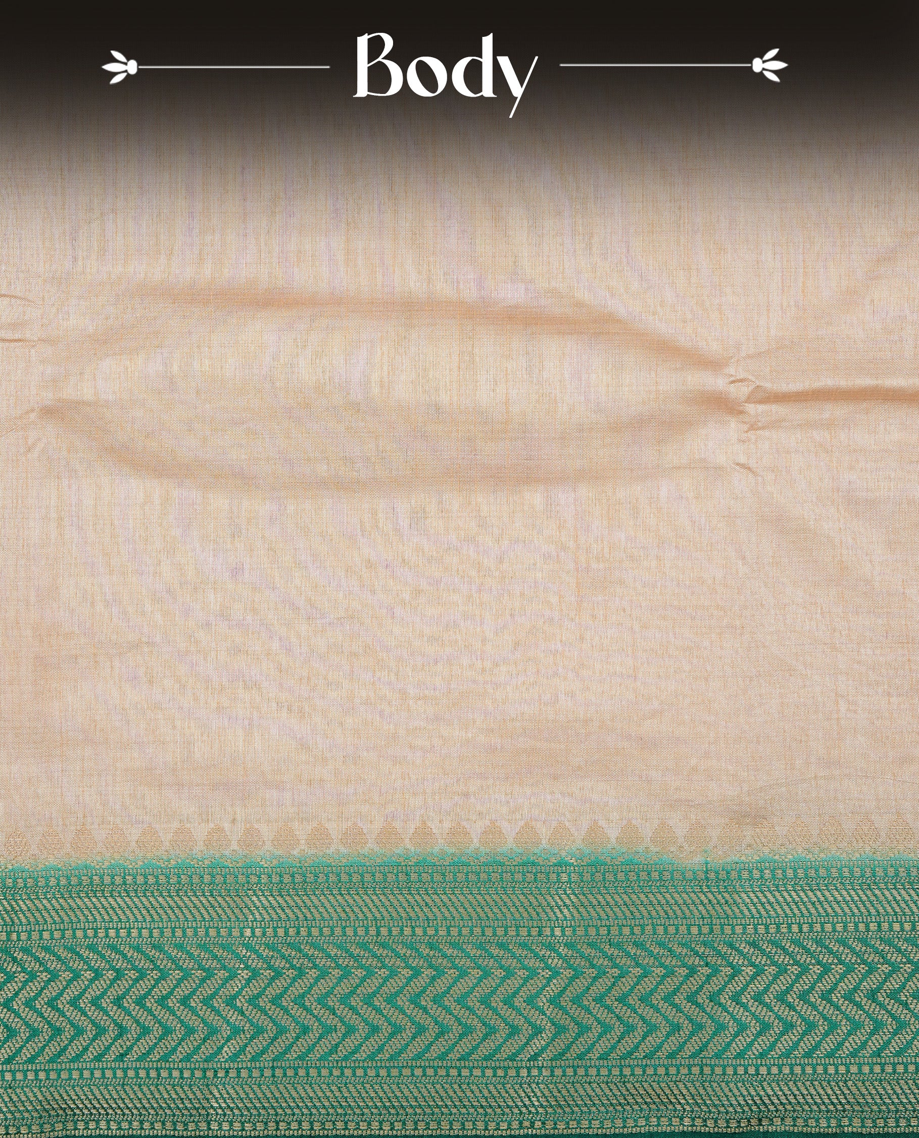 Cream colour Semi Tussar silk saree featuring an elegant plain body, accentuated by a contrast Green border adorned with intricate gold zigzag zari work, paired with a matching blouse piece.