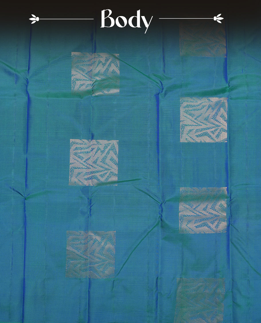 Peacock Colour Pure Kancheepuram Silk Saree having gold Square pattern on Body without Border and matching Blouse