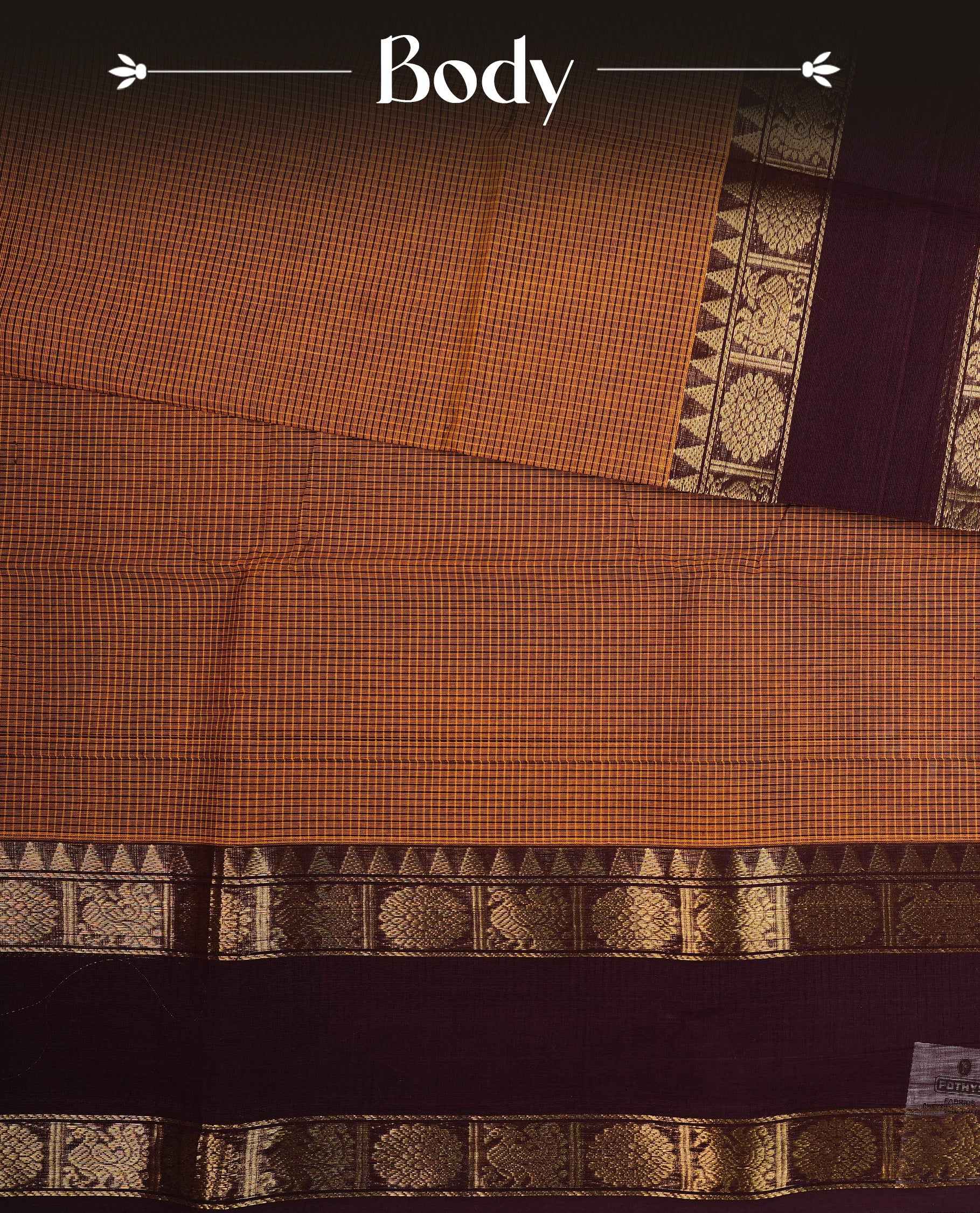 Light brown colour chettinad cotton saree featuring Green small check pattern on body, complemented by contrast Brown colour with Gold zari border, paired with matching blouse piece.