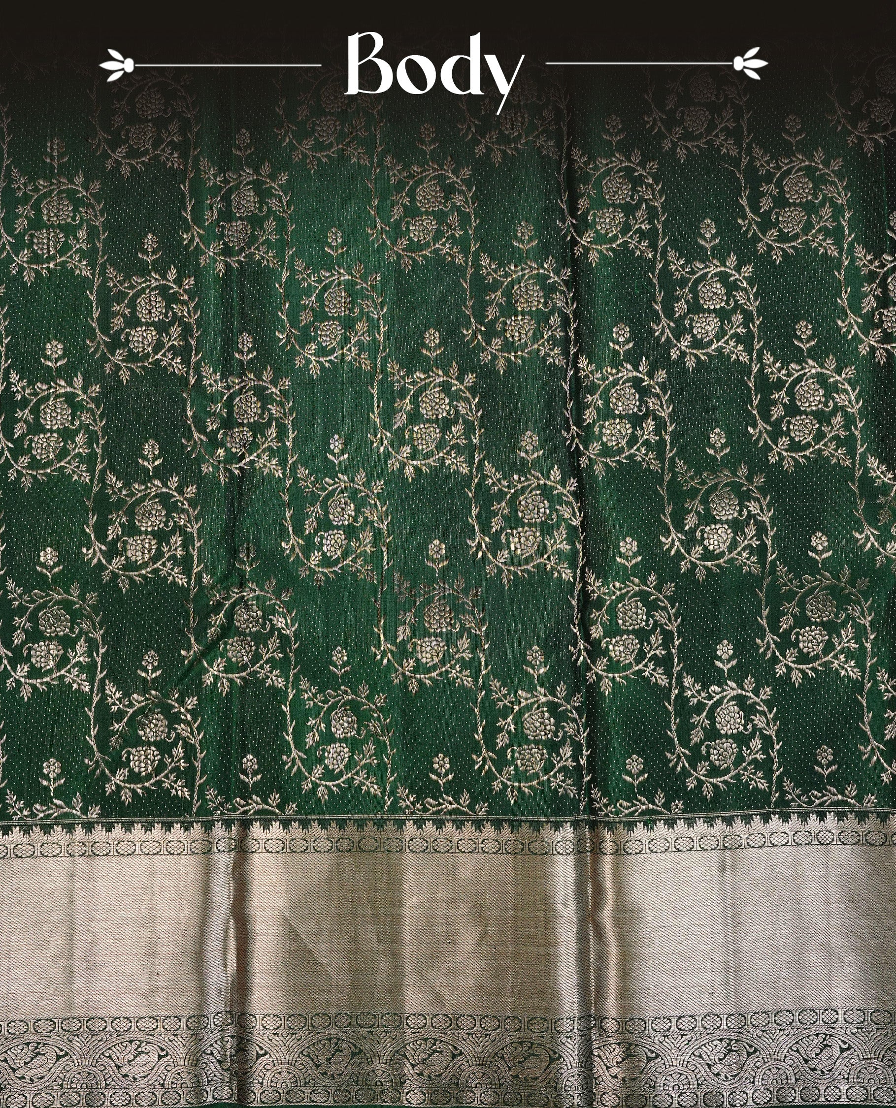 Dark Green Colour Pure Kancheepuram Silk Saree Featuring Silver Zari Floral Kodi Pattern on the Body, Highlighting a Traditional Silver Zari Border, Paired with a Matching Blouse Piece.