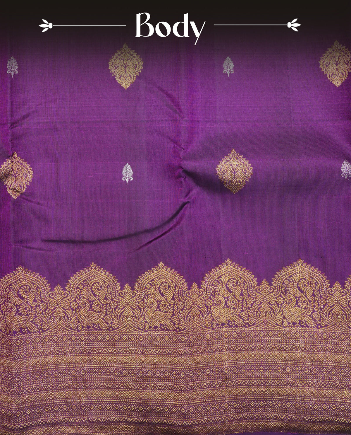 Deep purple colour Traditional kancheepuram silk saree featuring gold & silver zari motifs on body, complemented by self colour with traditional border, comes with matching blouse piece.