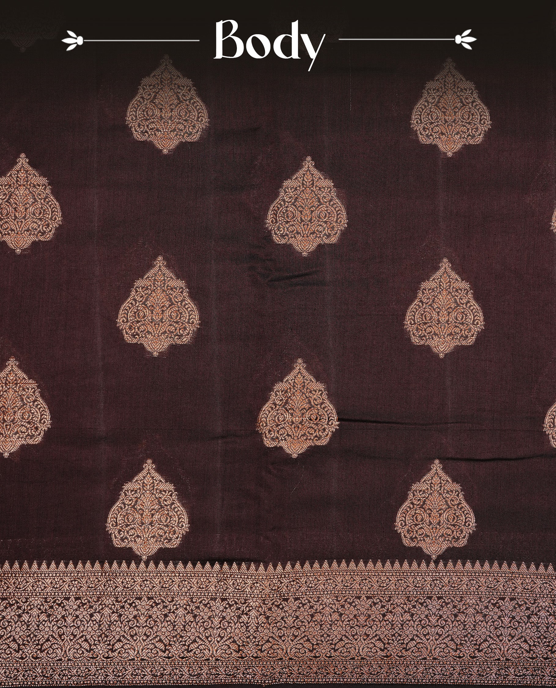Chocolate Brown Colour Pure Banaras Soft Silk saree featuring Antique Zari buttas in body, complemented by zari work on self colour border, paired with matching Blouse Piece.