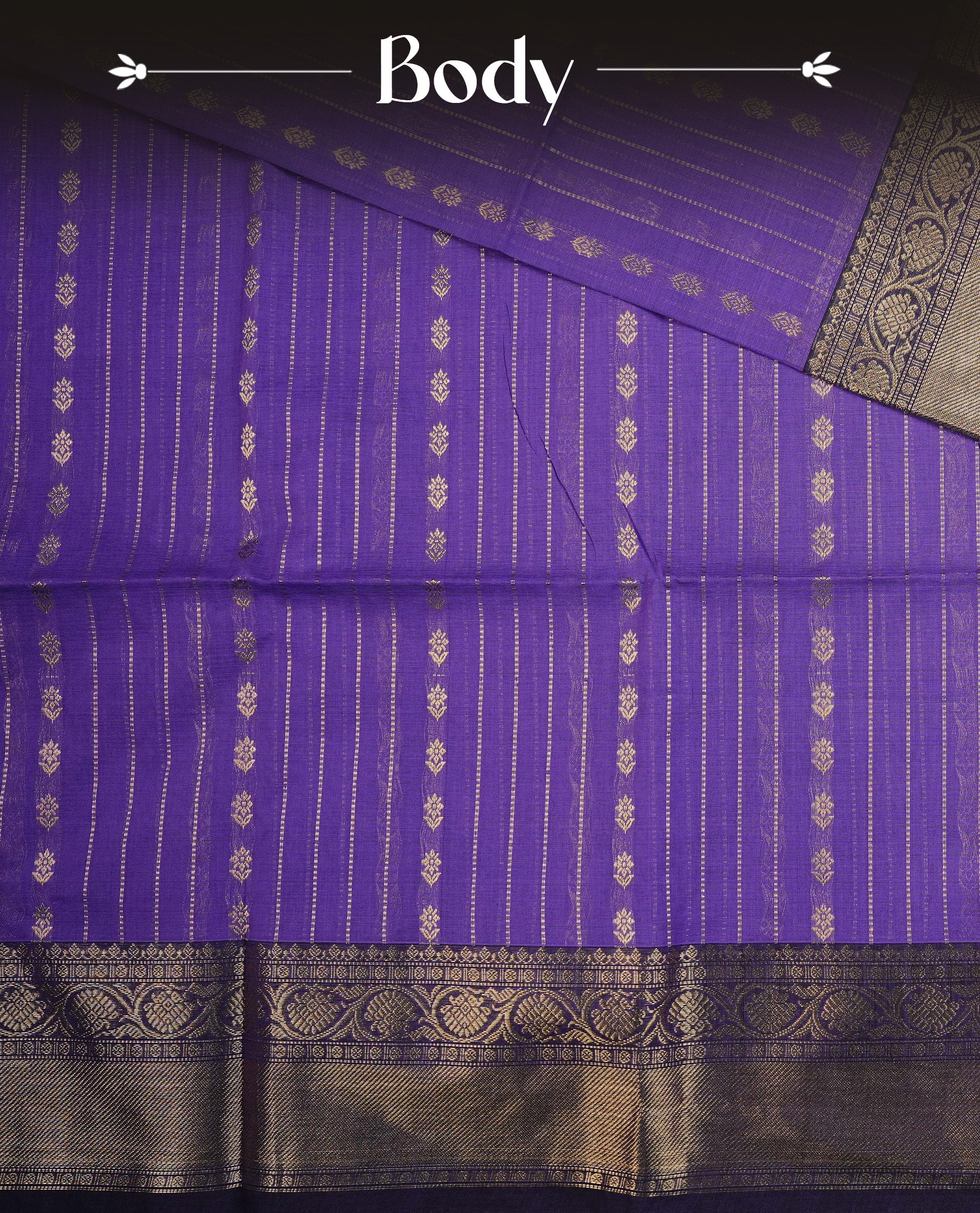 Violet colour chettinad cotton saree featuring Stripes on body, complemented by Contrast Purple Colour With Gold Zari border, paired with matching blouse piece.