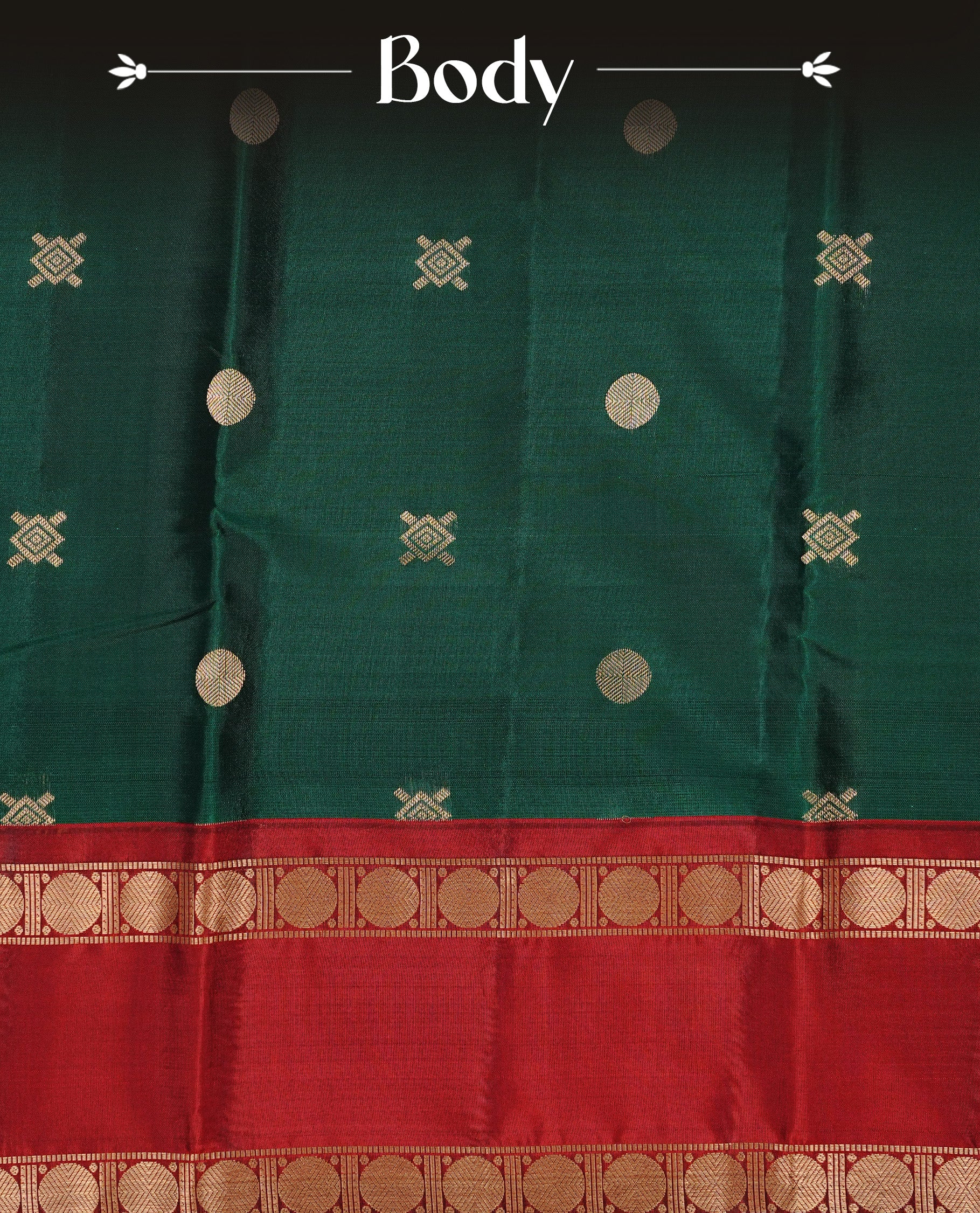 Green colour Traditional Kancheepuram silk saree featuring gold zari motifs on body, enhanced with contrast Red with traditional with Olive piping border, paired with matching blouse piece.
