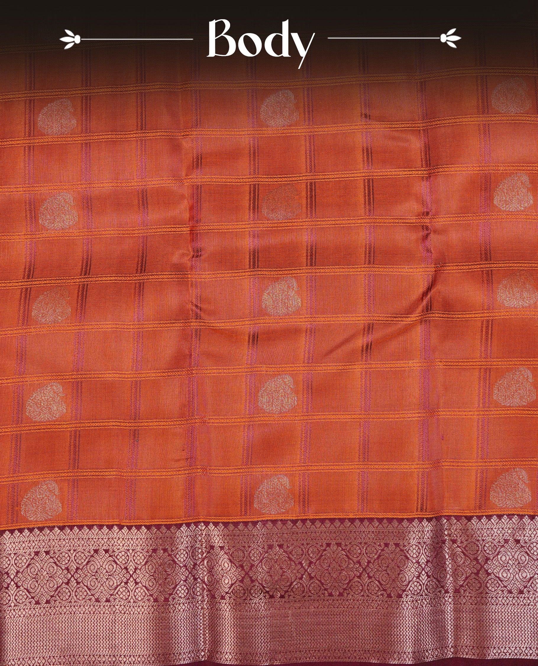 Rust Orange & Maroon Dual Colour Traditional Kancheepuram Slik Saree Featuring Check With Gold Zari Mango Motifs on the Body, Complemented by a Contrast Maroon Colour Gold Zari Traditional Border and Pallu, Paired with a Matching Blouse .