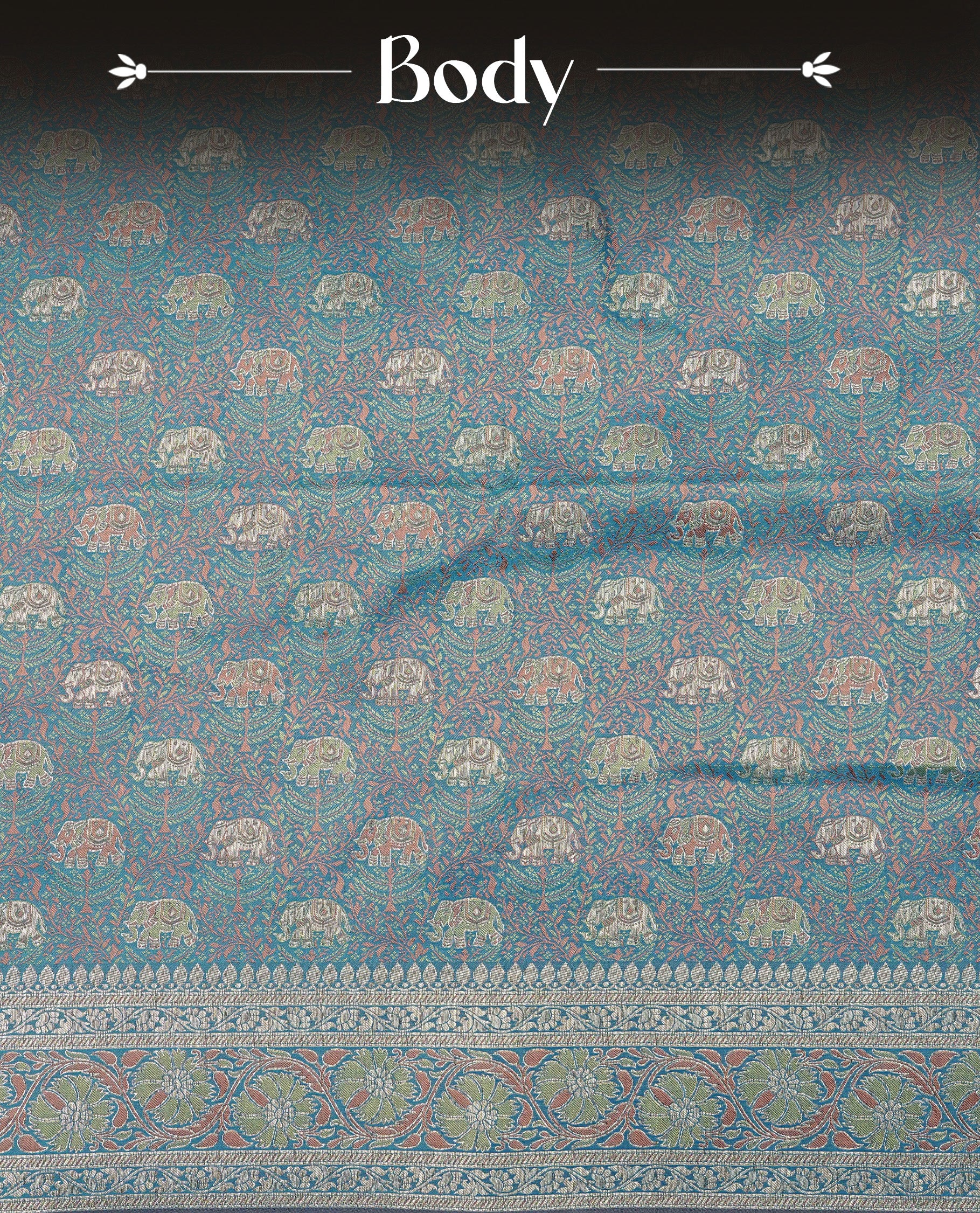 Teal colour Mulberry silk saree featuring gold zari elephant & floral kodi pattern across body, complemented by self colour border with gold zari work, comes with matching blouse piece.