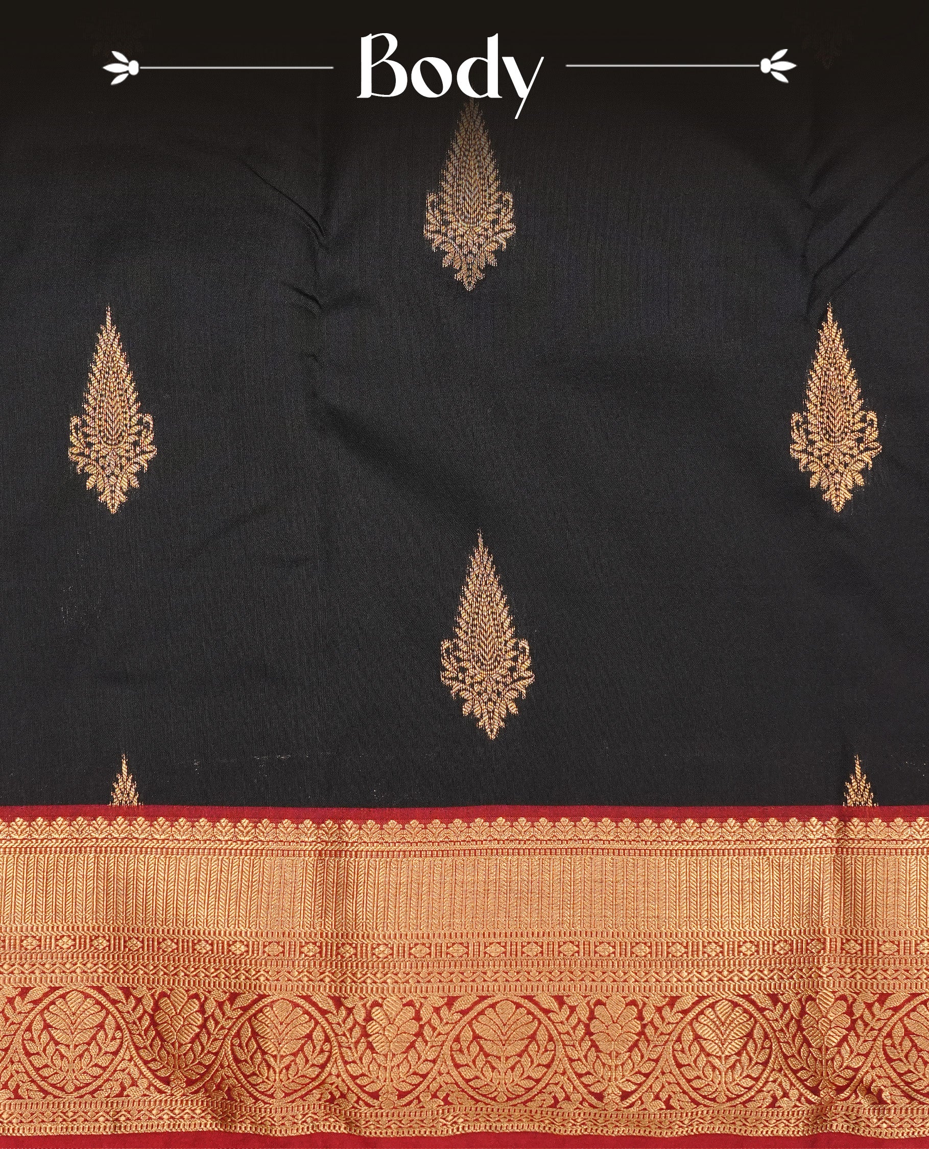 Black colour semi Wedding silk saree featuring Gold zari motifs on body, enhanced with Contrast red colour with traditional border, paired with matching blouse piece.