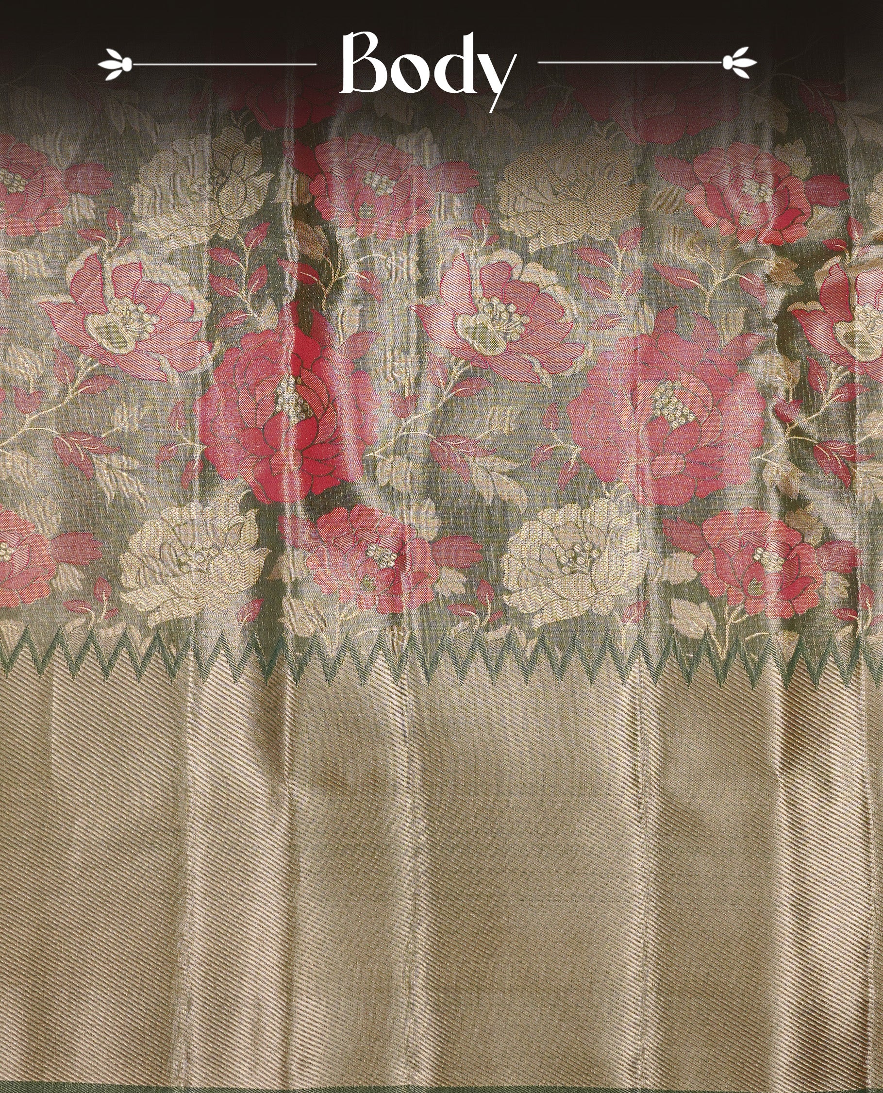 Light green colour Tissue silk saree featuring Pink colour floral zari motifs on body, complemented by contrast Light green with gold zari border, paired with matching blouse piece.