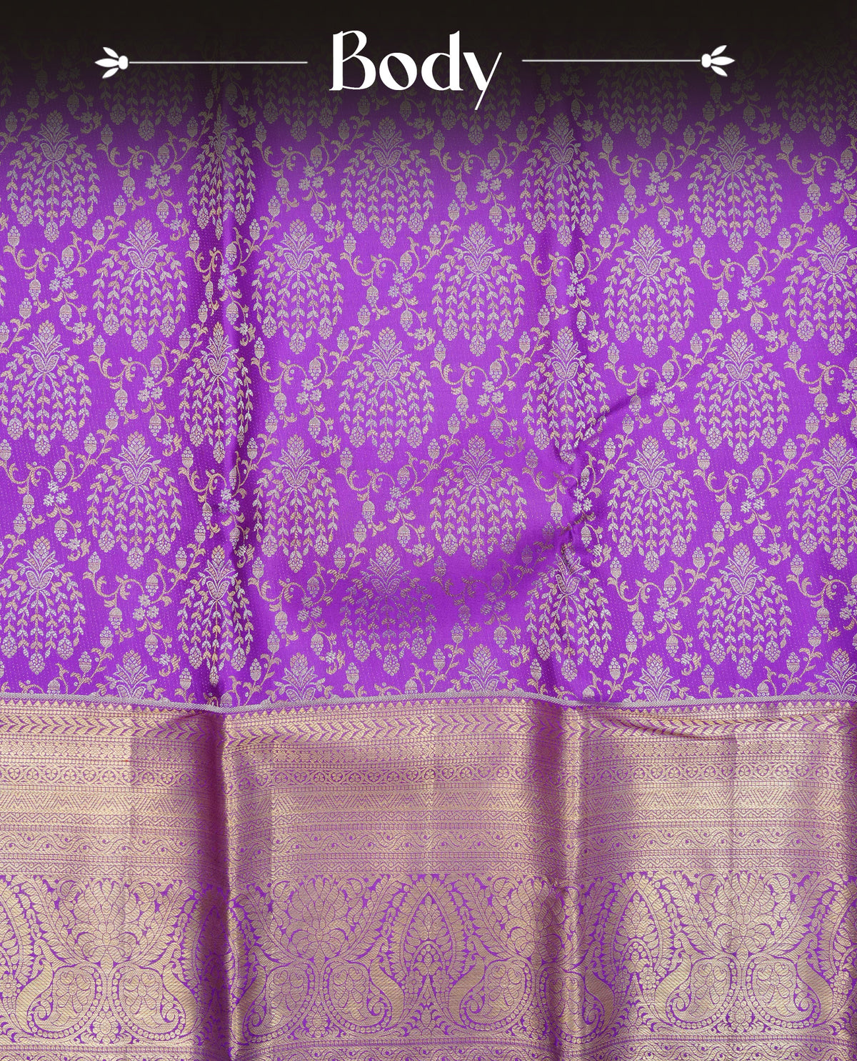 Violet colour pure wedding silk saree featuring silver & gold zari Designed pattern on body, complemented by self colour with traditional border, comes with matching blouse piece.
