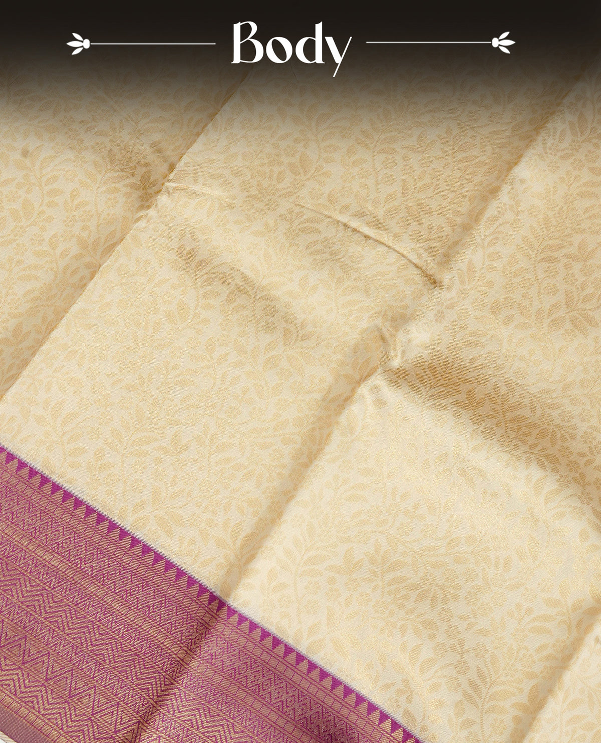 Cream Colour Semi Soft Silk Saree Featuring Gold zari Patter On Body, Highlighted by contrast Purple border with Gold zari, paired with matching blouse piece.
