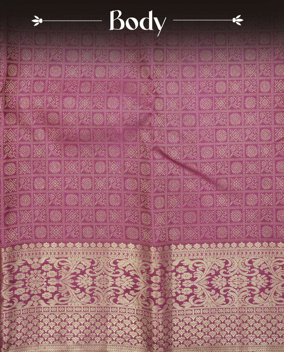 Wine colour Pure wedding silk saree featuring Gold zari Check with motifs on body, complemented by self colour with traditional border, comes with matching blouse piece.
