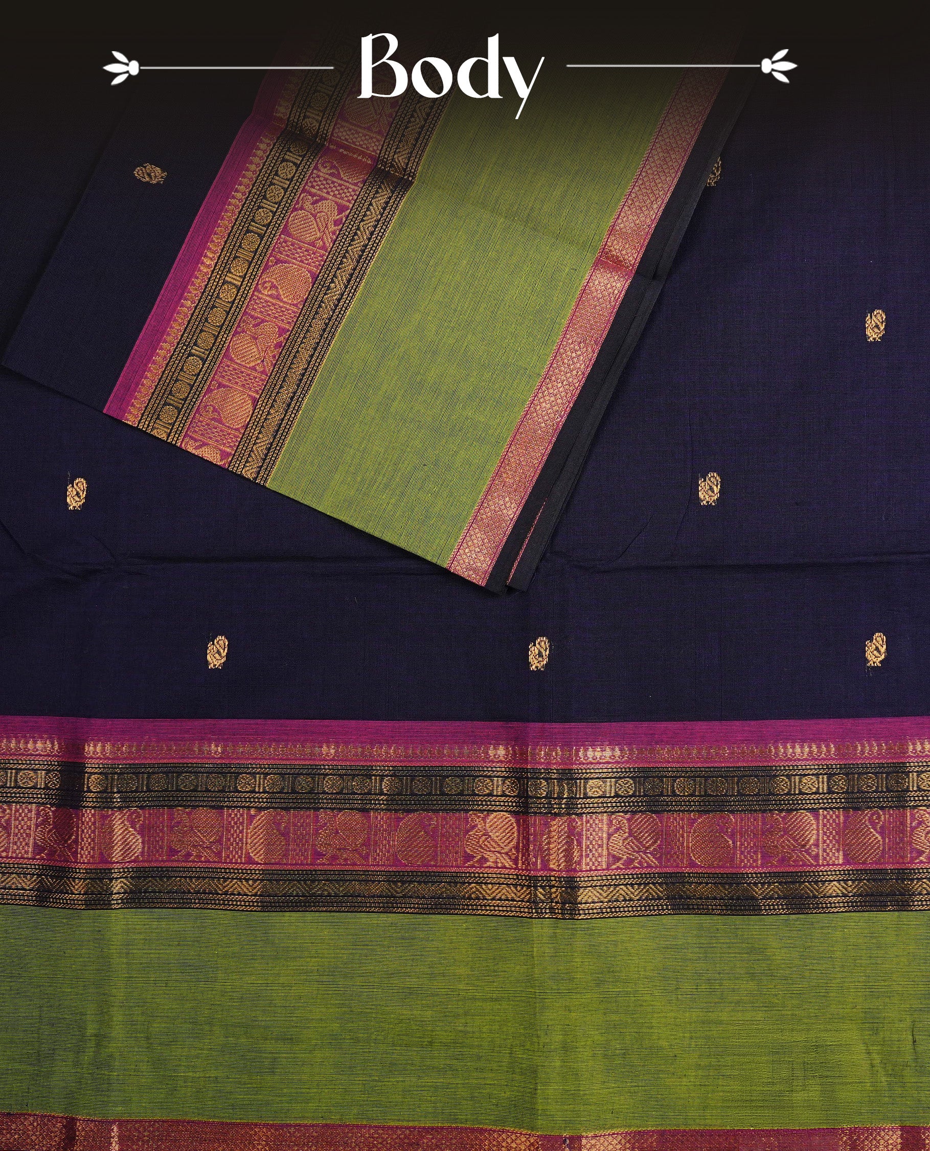 Navy Blue colour chettinad cotton saree featuring Gold Motifs on body, complemented by Contrast Green & Pink Colour With Gold Zari border, paired with matching blouse piece.