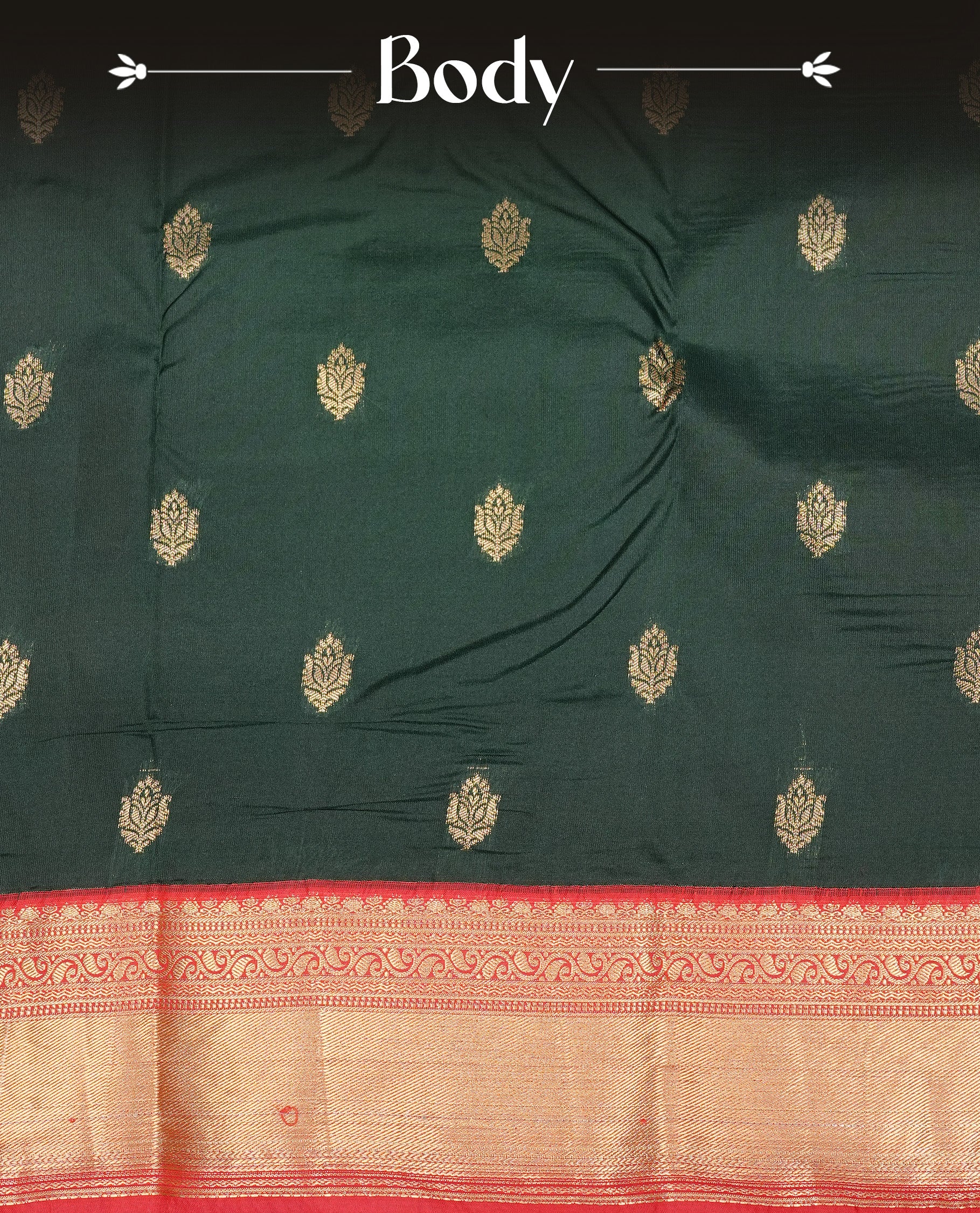 Dark Green colour semi Wedding silk saree featuring Gold zari motifs on body, enhanced with Contrast Red colour with traditional border, paired with matching blouse piece.