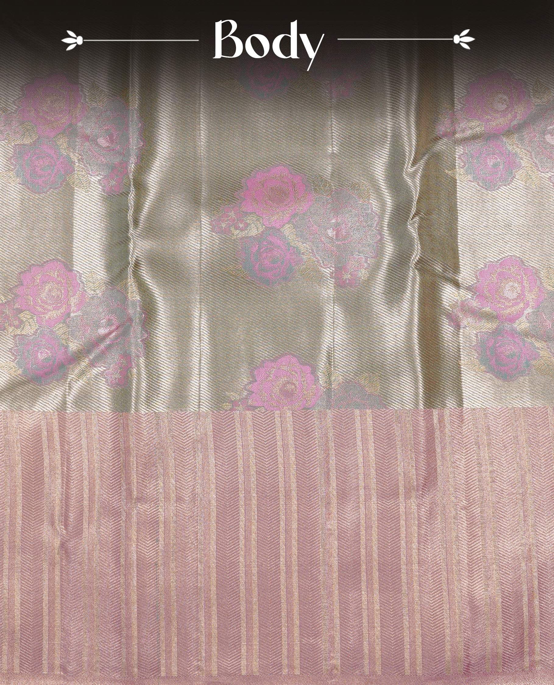 Golden green colour Tissue silk saree featuring Pink colour floral zari motifs on body, complemented by contrast Light Pink zari border, paired with matching blouse piece.