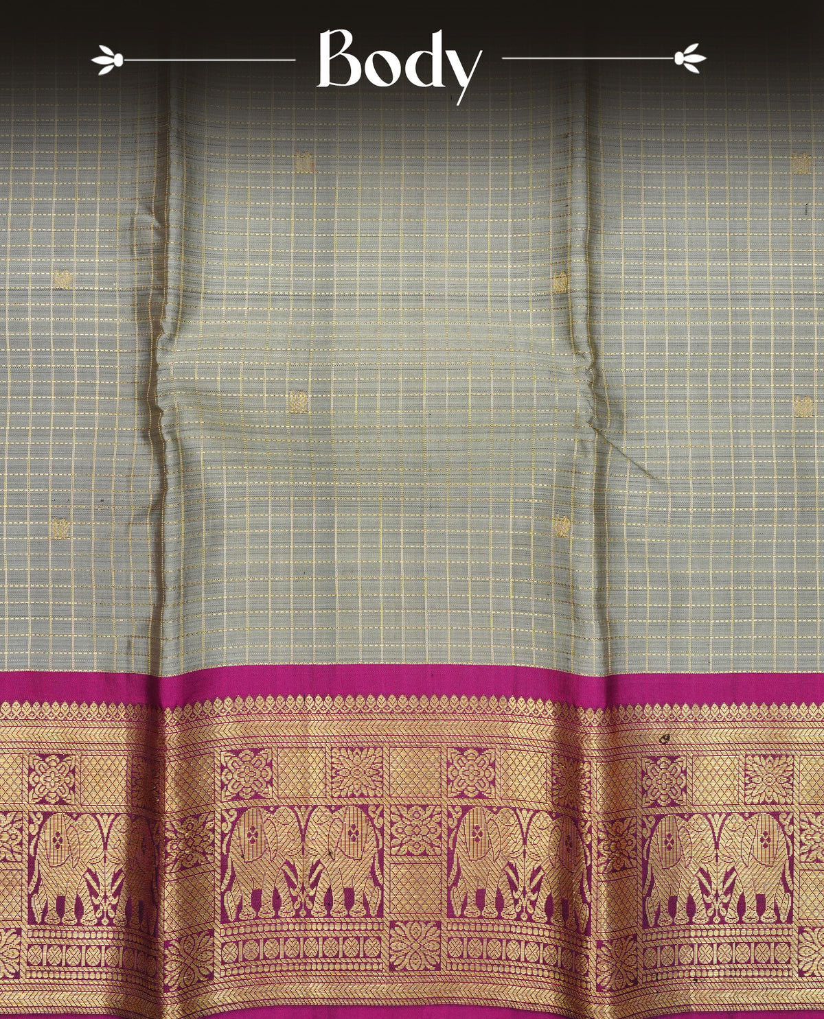 Greenish grey colour traditional kancheepuram silk saree featuring Gold zari check with buttas on body, complemented by contrast magenta colour with matching blouse piece.