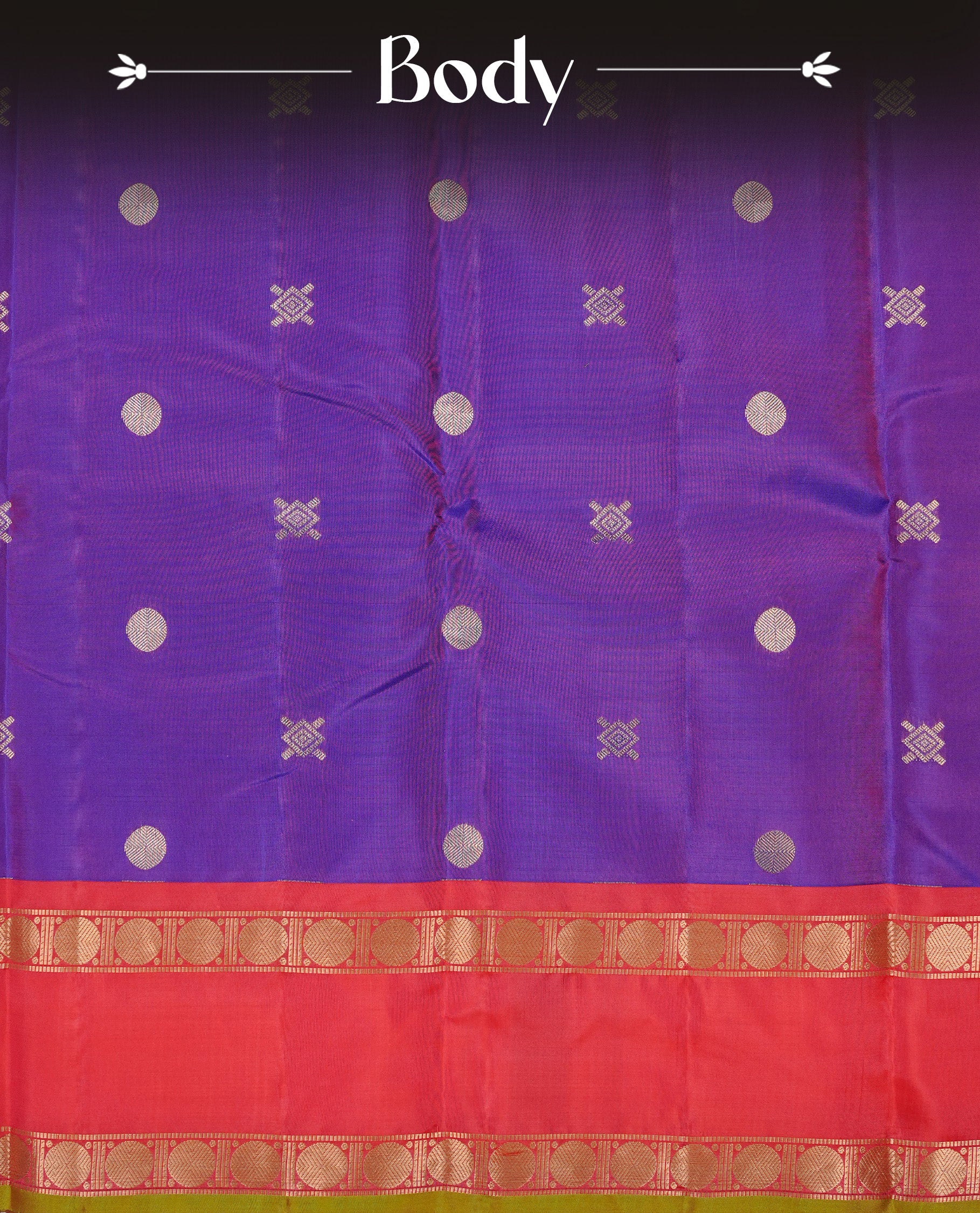 Peacock colour Traditional Kancheepuram silk saree featuring gold zari motifs on body, enhanced with contrast Red with traditional with green piping border, paired with matching blouse piece.