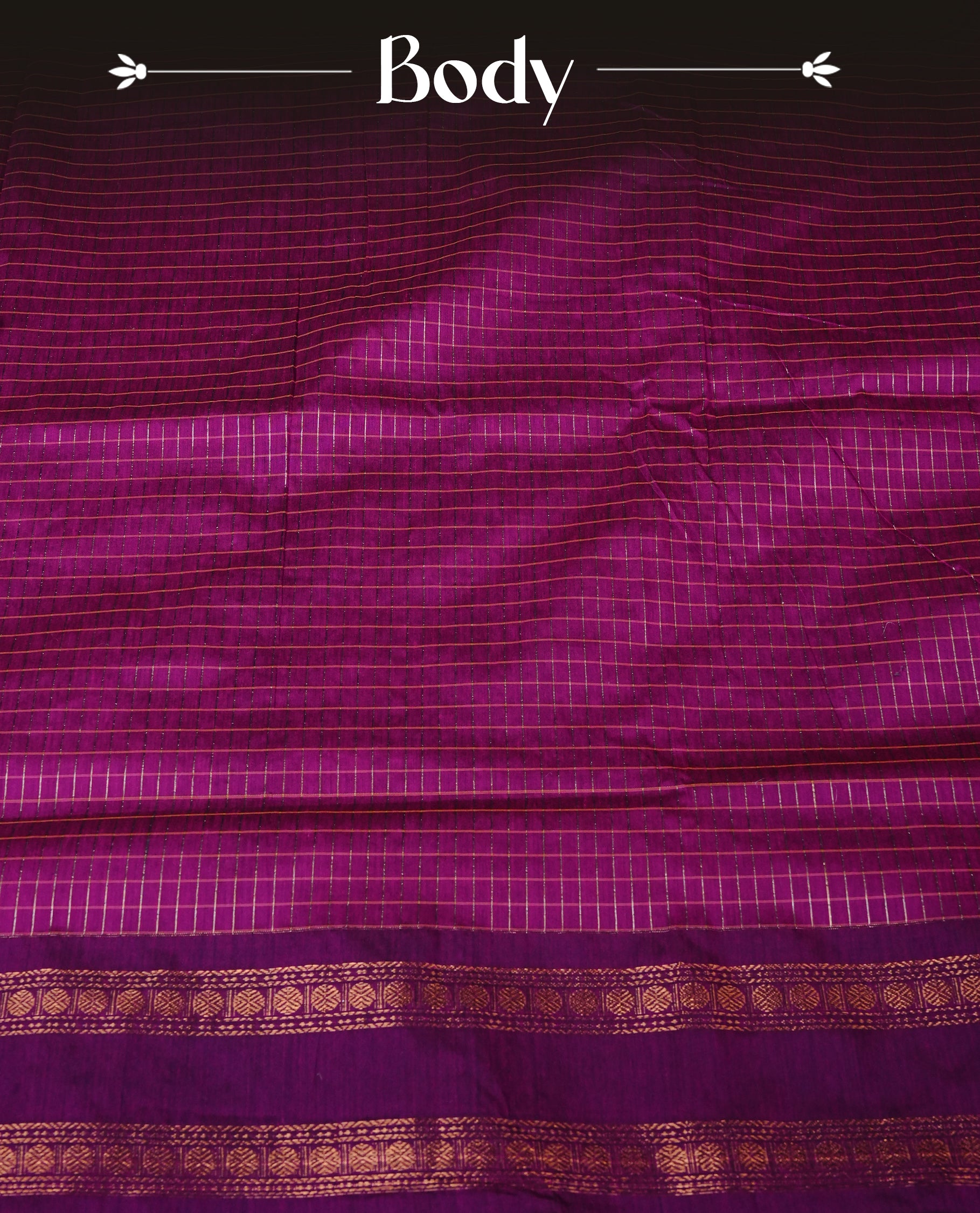 Purple colour Kalyani cotton saree featuring Gold zari checks on body, enhanced with zari border and grand zari pallu, comes with self colour blouse piece.