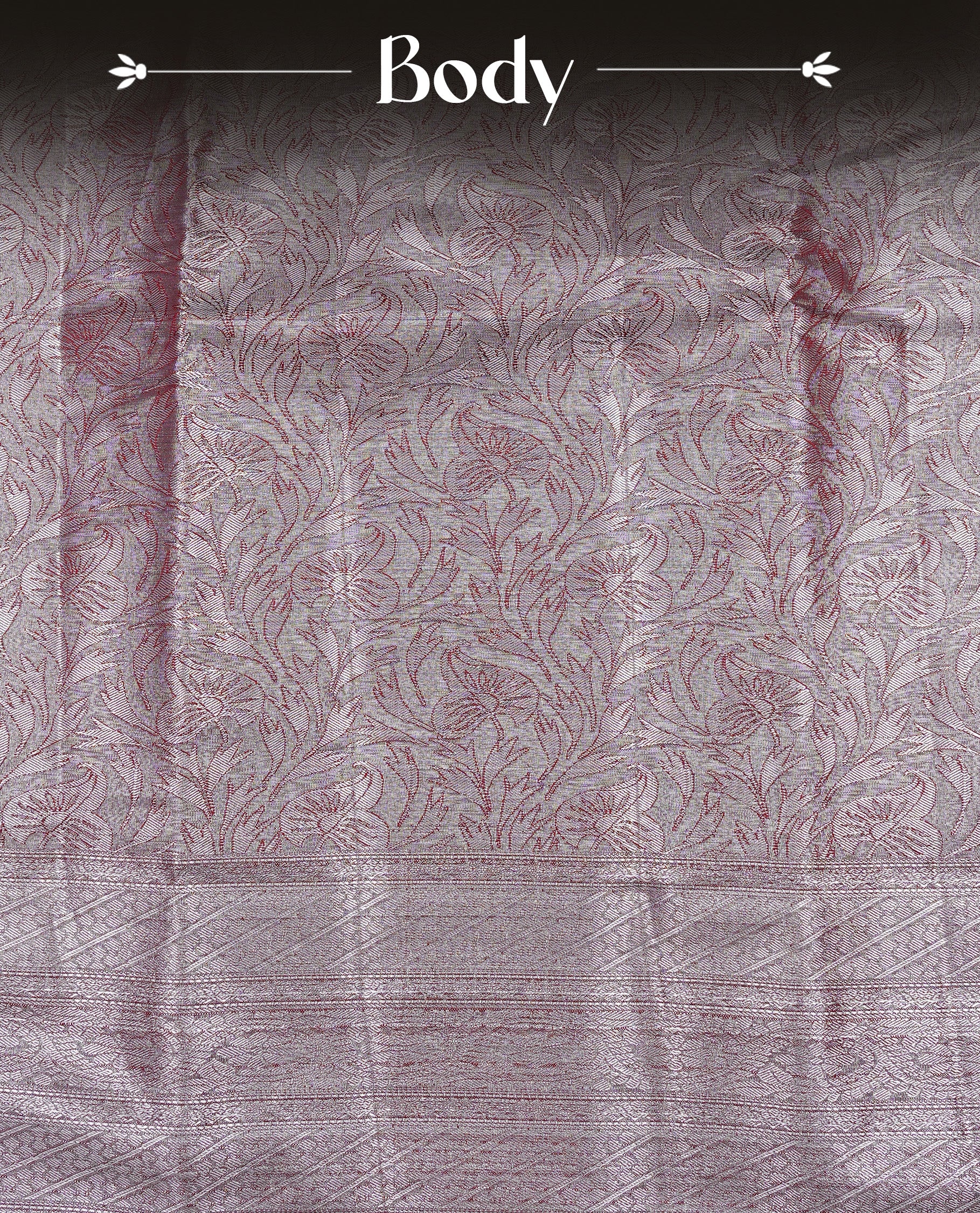 Silver & Maroon colour Tissue silk saree featuring Maroon & Silver zari kodi pattern on body, enhanced with Zari border on self colour, paired with matching Blouse piece.