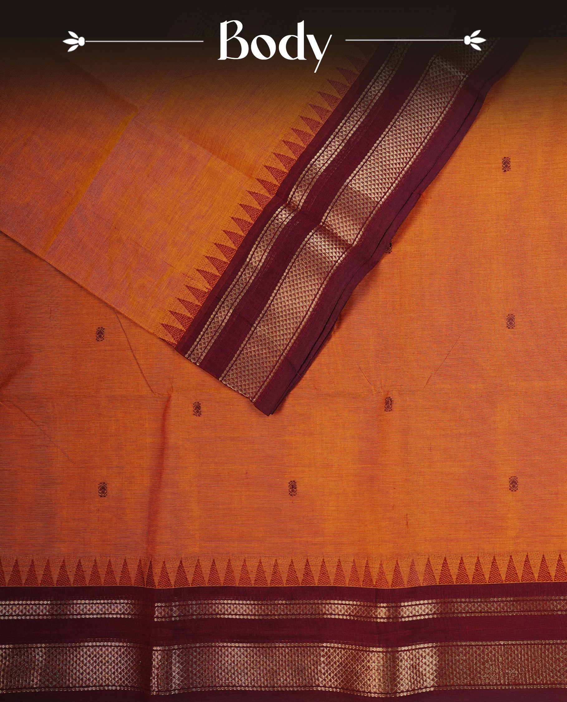 Rust Orange colour chettinad cotton saree featuring Maroon Motifs on body, complemented by Contrast Maroon Colour With Gold Zari border, paired with matching blouse piece.