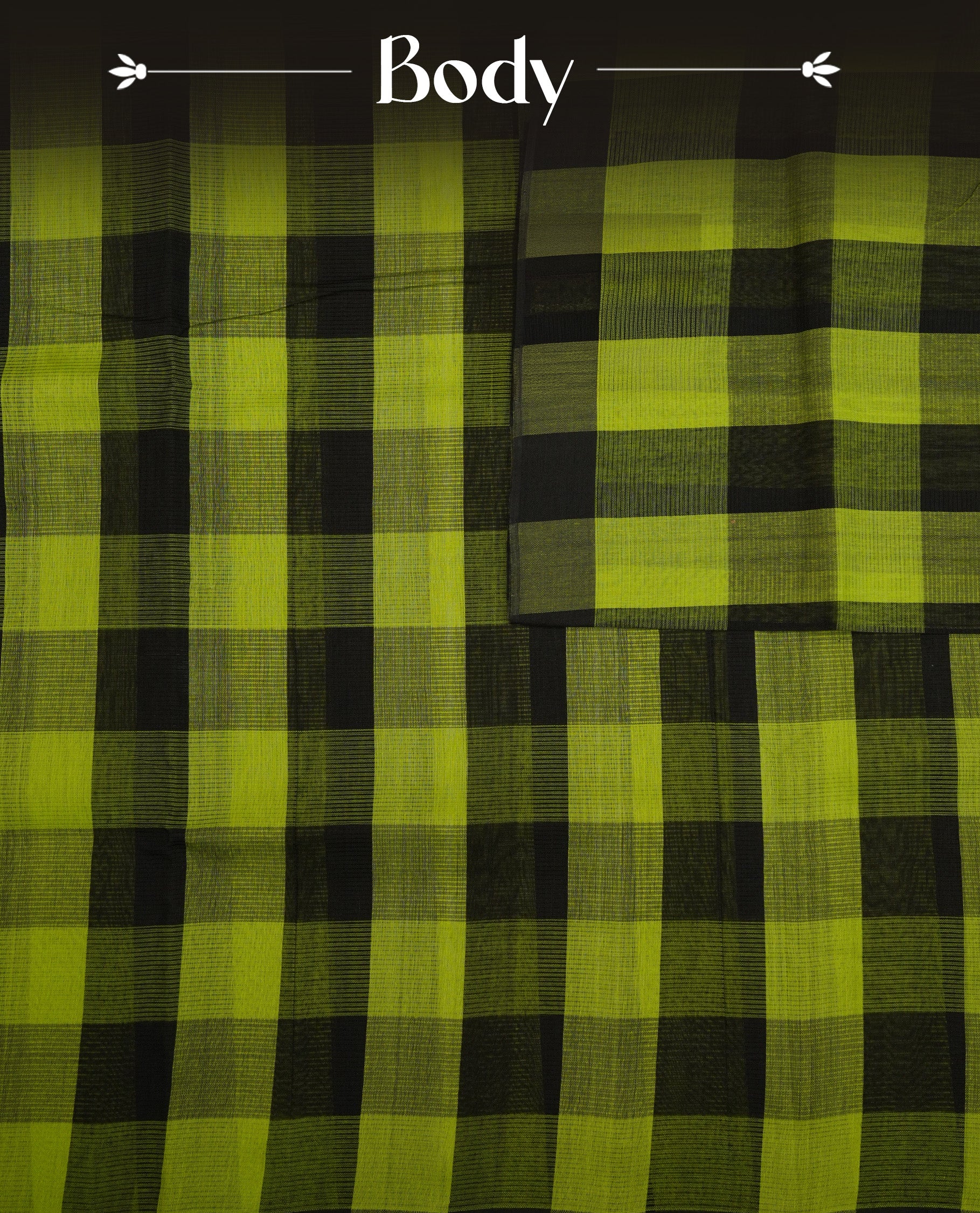 Black and green Colour Mangalagiri cotton saree with a bold checked body & striped pallu, Paired with a matching blouse piece.