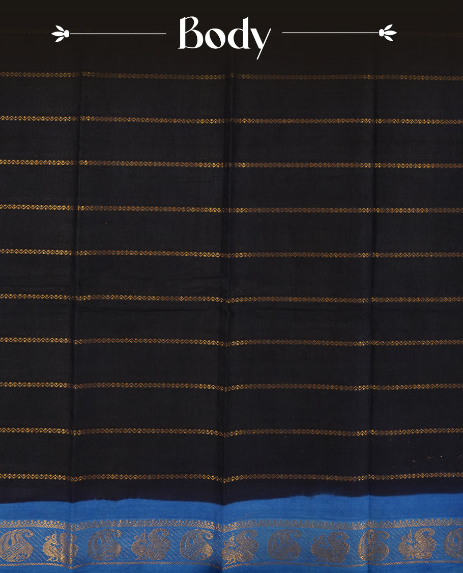 Navy blue colour Chettinad cotton saree featuring golden stripes on the body, The saree is enhanced with a contrasting blue border adorned with intricate golden paisley motifs & Comes with a matching blouse piece.