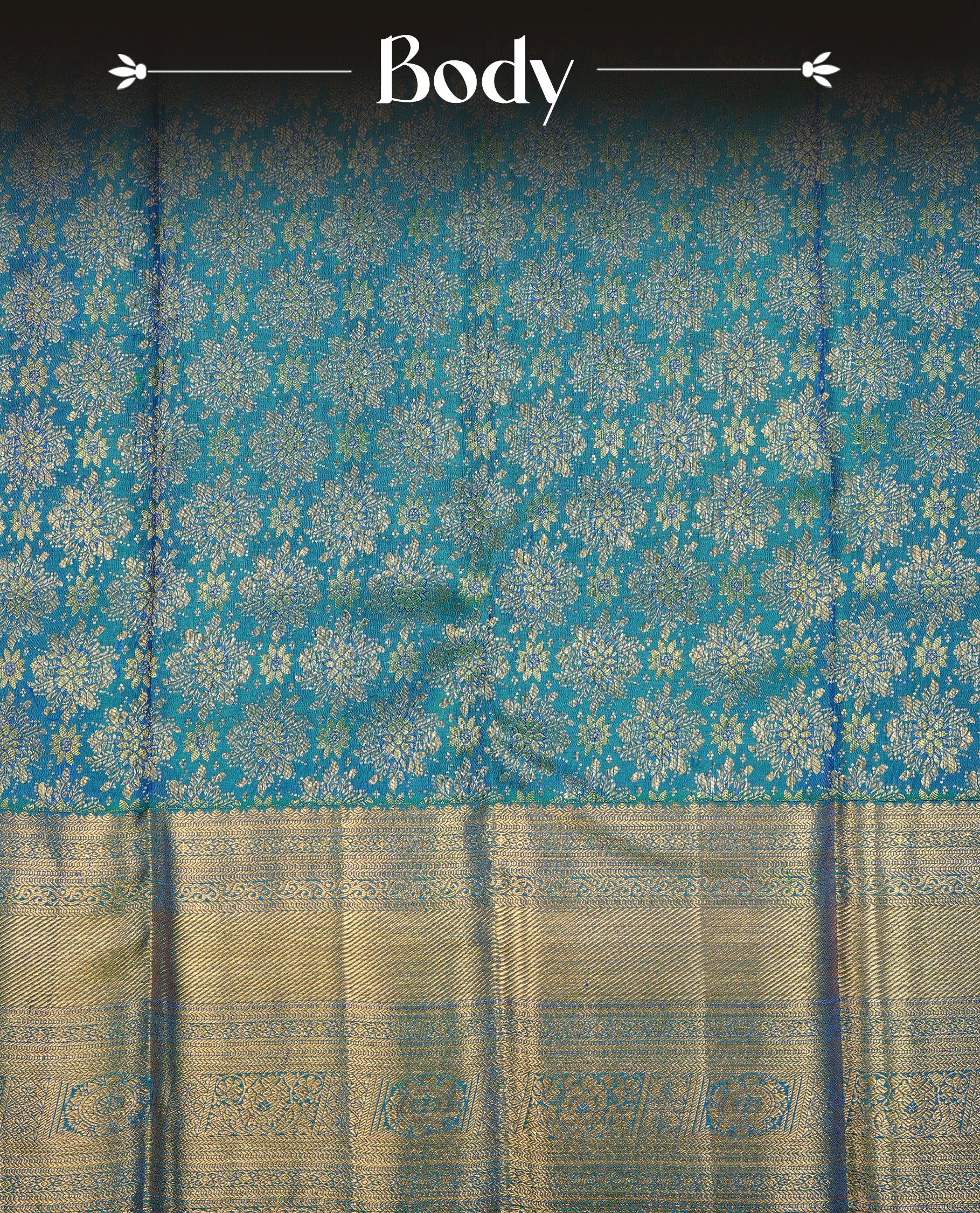 Green & Blue Dual Colour Pure Kancheepuram Silk Saree Featuring Gold Zari Floral Pattern on the Body, Highlighting a Traditional Gold Zari Border, Paired with a Matching Blouse Piece.