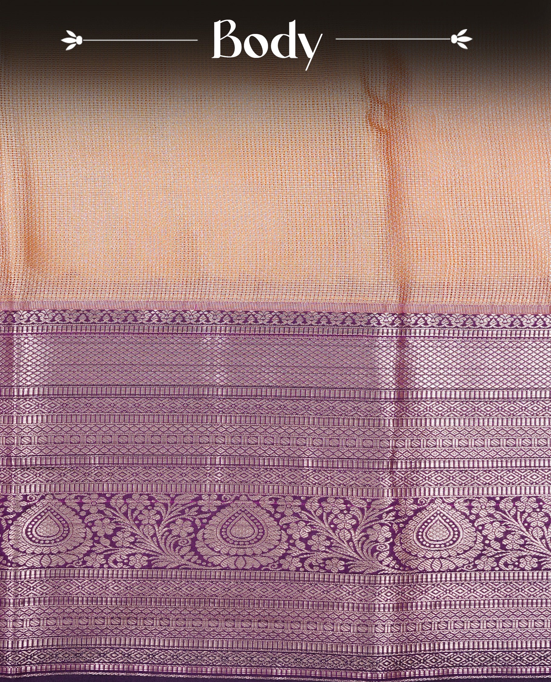 Peach cream colour Net Tissue saree Elegant plain body, complemented by Purple colour with Light gold zari traditional border, paired with matching blouse piece.