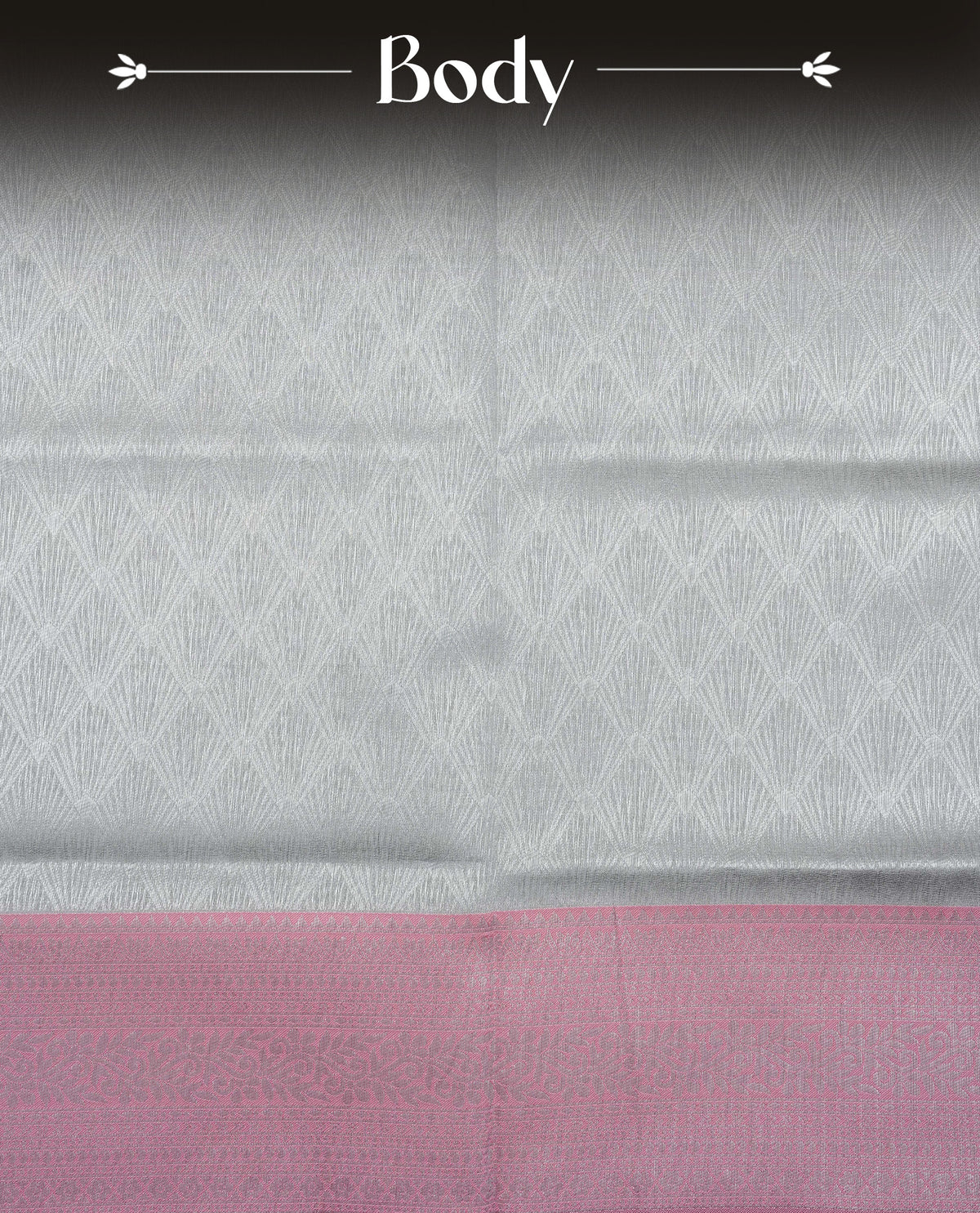 Grey colour semi silk saree featuring Silver zari Design pattern on body, complemented by contrast Pink colour with silver zari border, comes with matching blouse piece