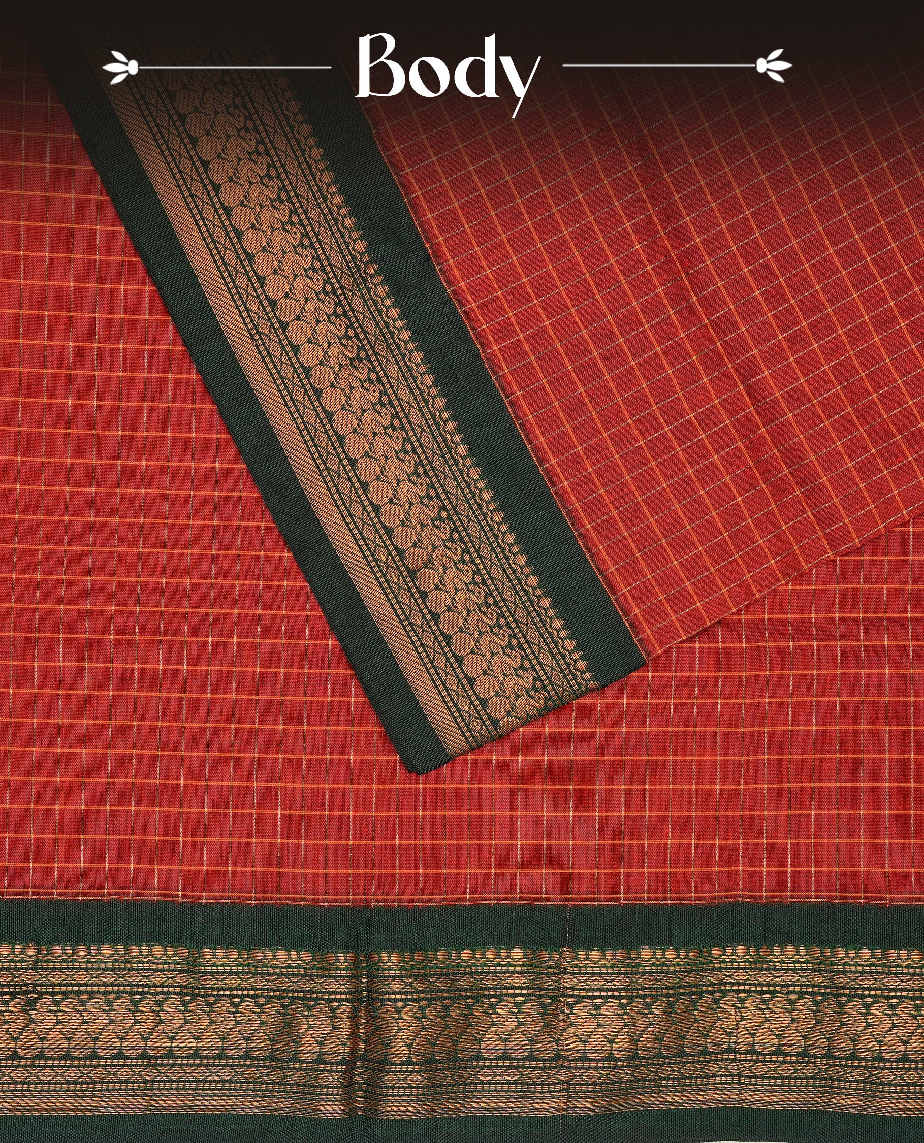 Maroon colour Kalyani cotton saree featuring Gold zari check pattern on body, complemented by Contrast Green colour with grand gold zari border & pallu, matching blouse piece