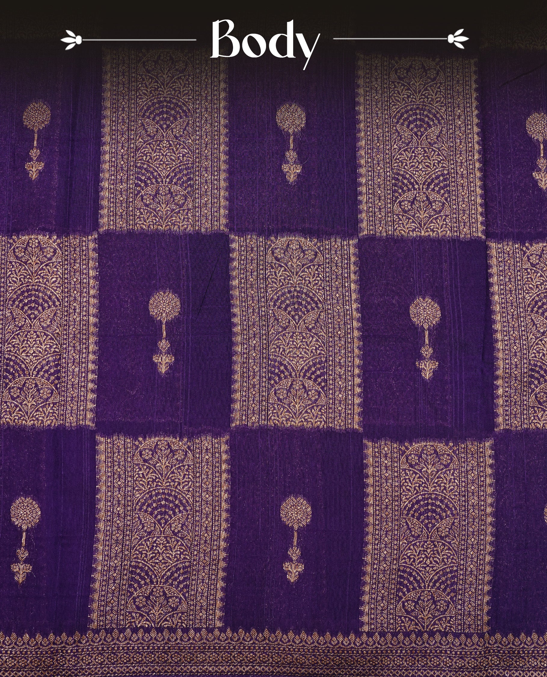 Violet colour Tussar Banaras Georgette silk saree featuring Antique zari Box Pattern on body, complemented by self colour border with zari border, paired with matching blouse piece.