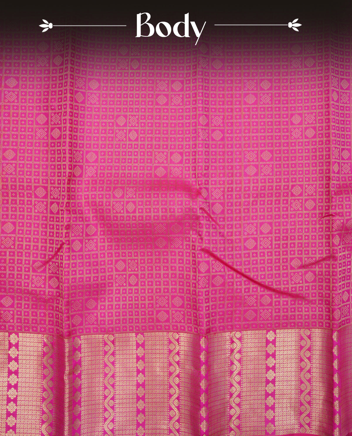 Magenta colour Pure wedding silk saree featuring gold zari check with small buttas on body, complemented vy self colour with traditional border, comes with matching blouse piece.