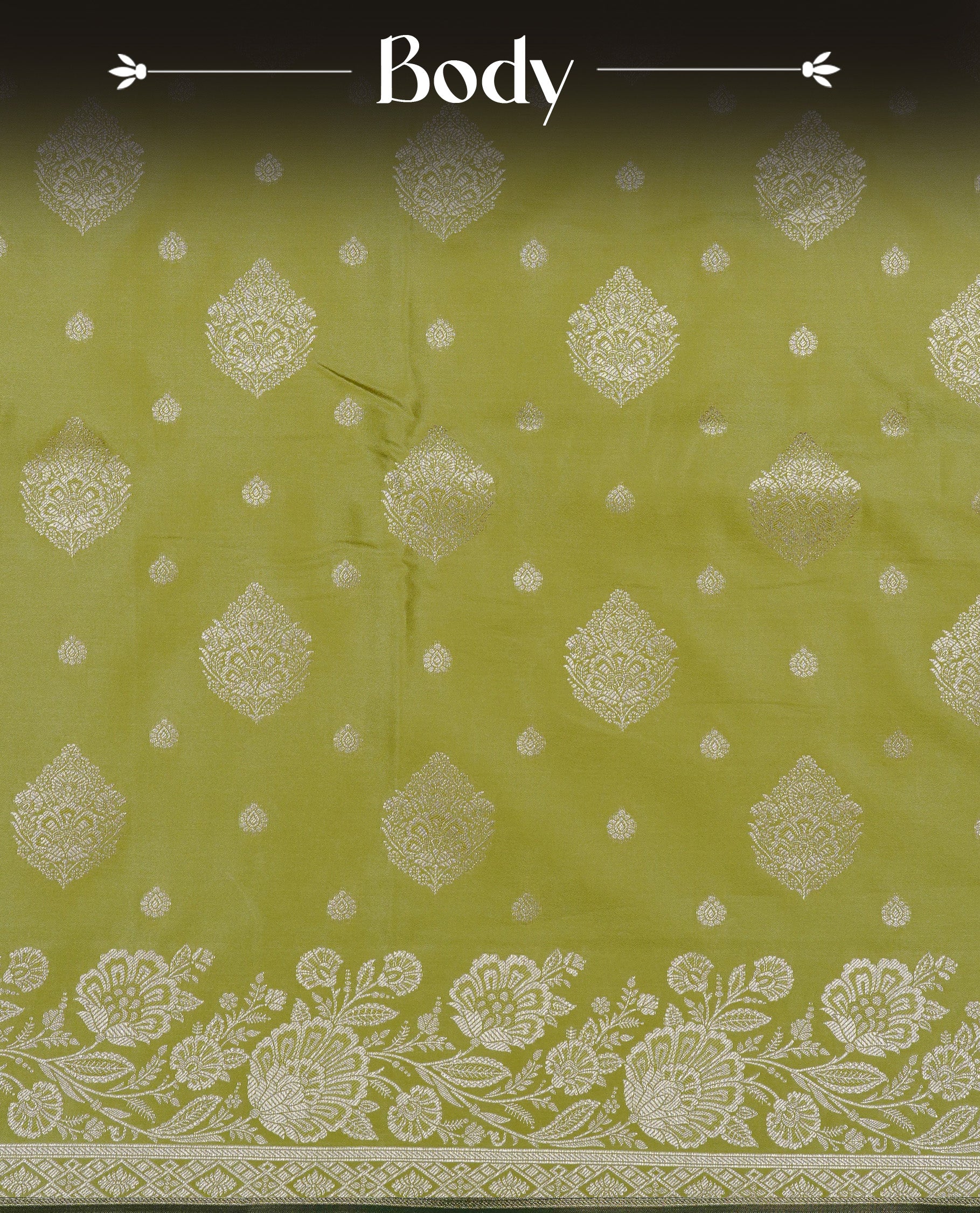 Olive colour Mulberry silk saree featuring light gold small buttas & big motifs onbody, complemented by self colour with Light gold zari floral Border, comes with matching blouse piece.