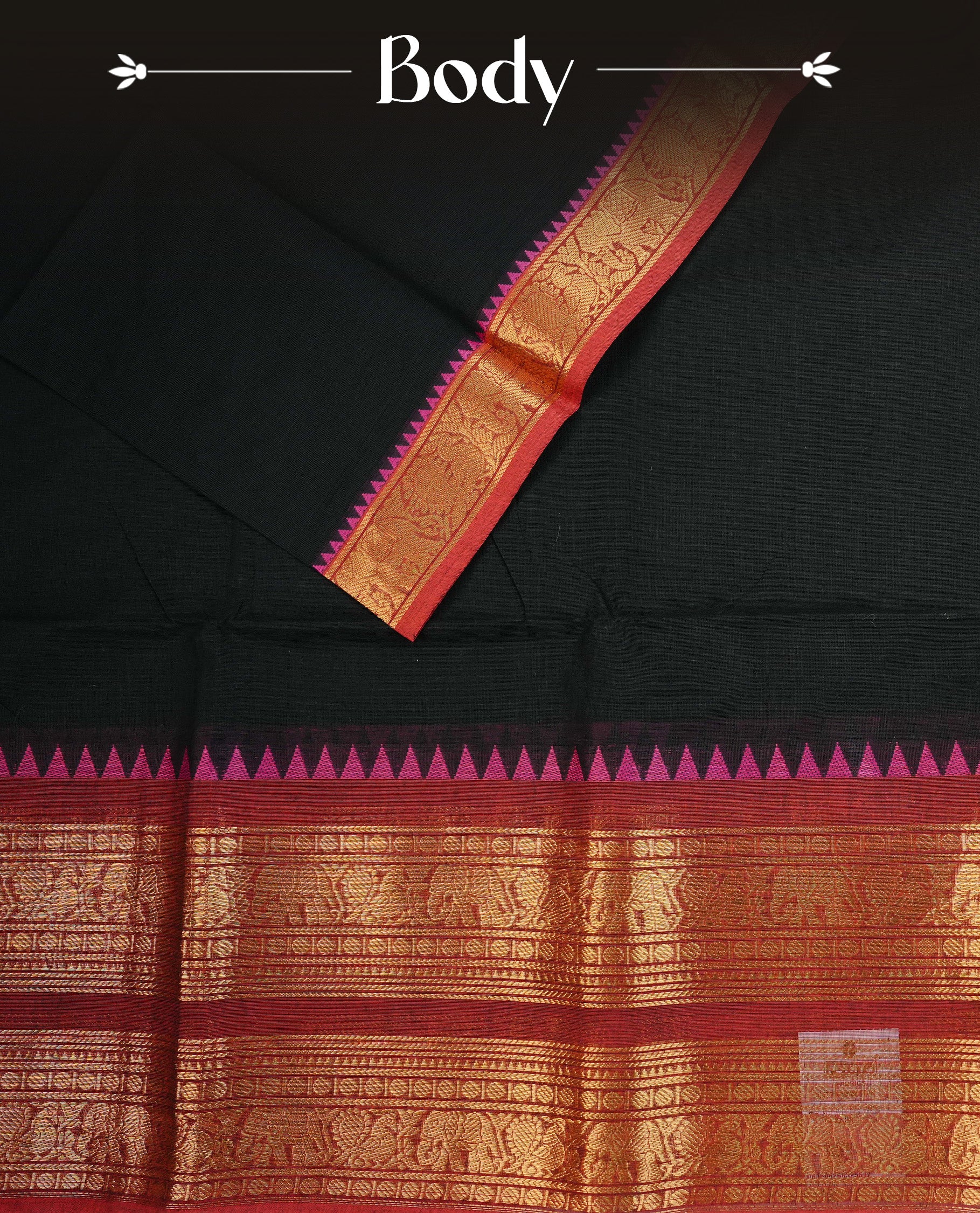 Black colour chettinad cotton saree featuring Plain body, complemented by Red Colour With Gold Zari border, paired with matching blouse piece.