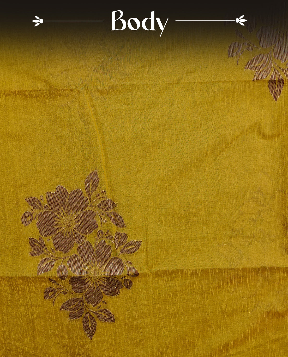Mustard yellow colour semi linen saree with elegant gold zari floral motifs across the body, complemented by a contrast forest Green colour with grand gold zari pallu and a borderless design, paired with a matching blouse piece.