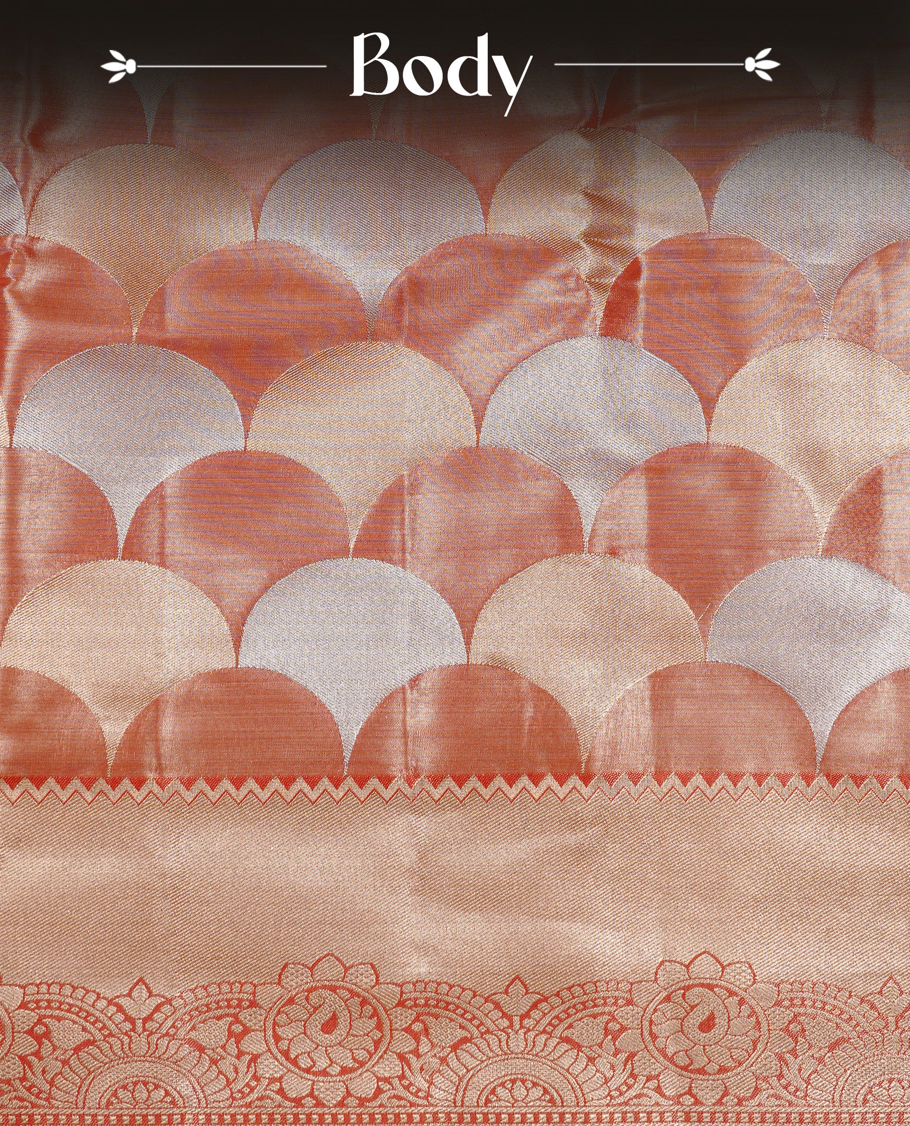 Light orange colour Tissue saree Featuring orange, Gold, silver zari Scales design on body, complemented by traditional border on self colour, paired with matching blouse piece.