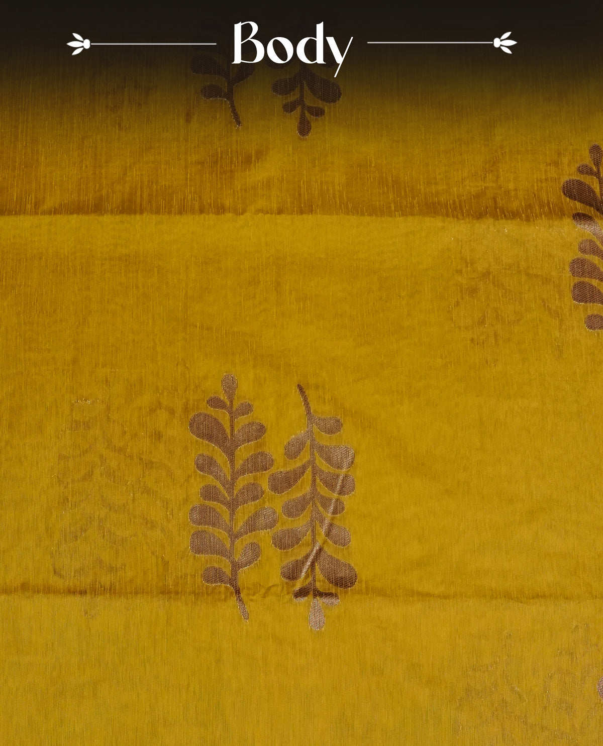Mustard colour semi linen saree with elegant gold zari Leaf motifs across the body, complemented by a contrast colour with grand gold zari pallu and a borderless design, paired with a matching blouse piece.