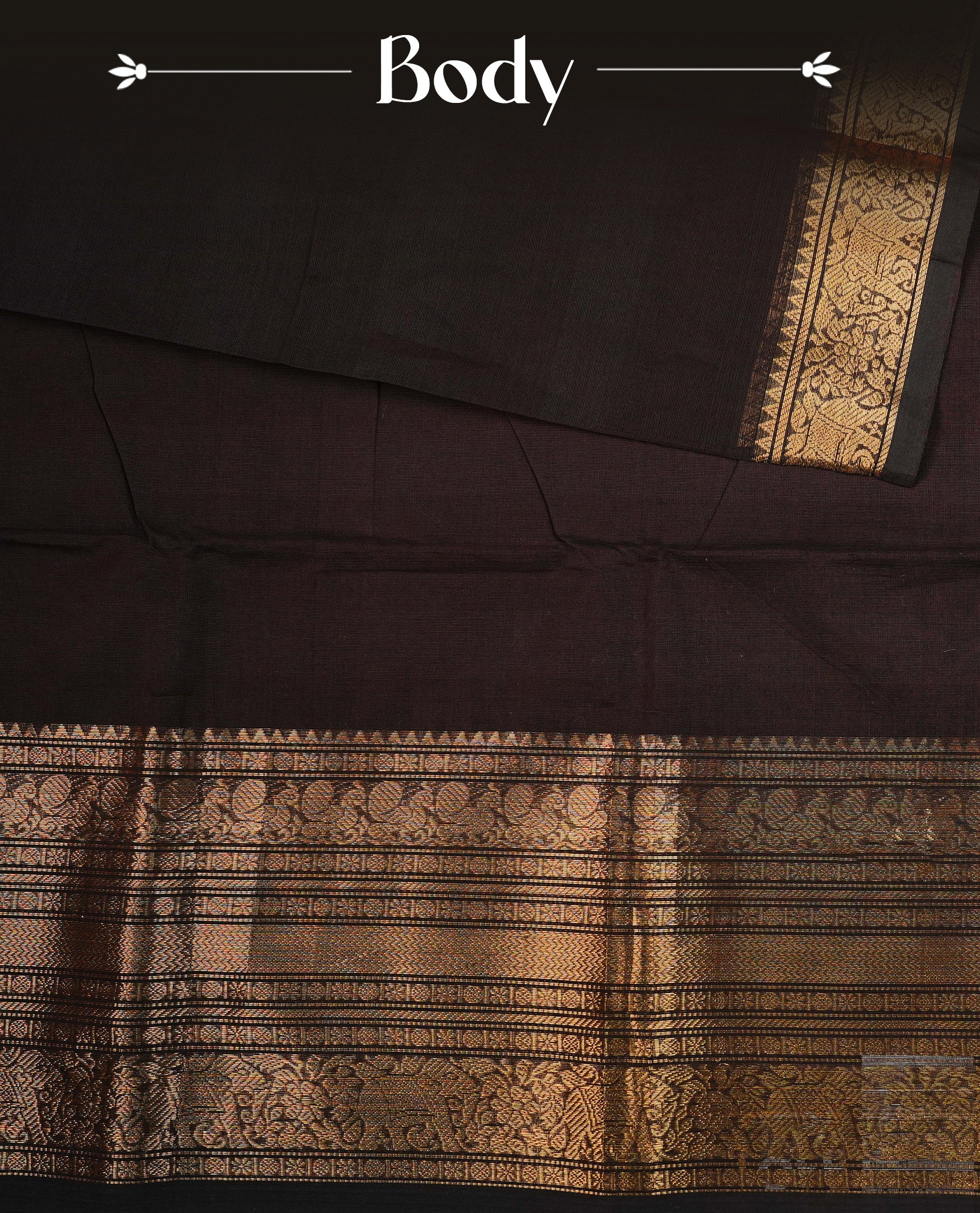 Dark Chocolate colour chettinad cotton saree featuring a Plain body, complemented by Contrast Colour With A Traditional Gold Zari border, paired with matching blouse piece.