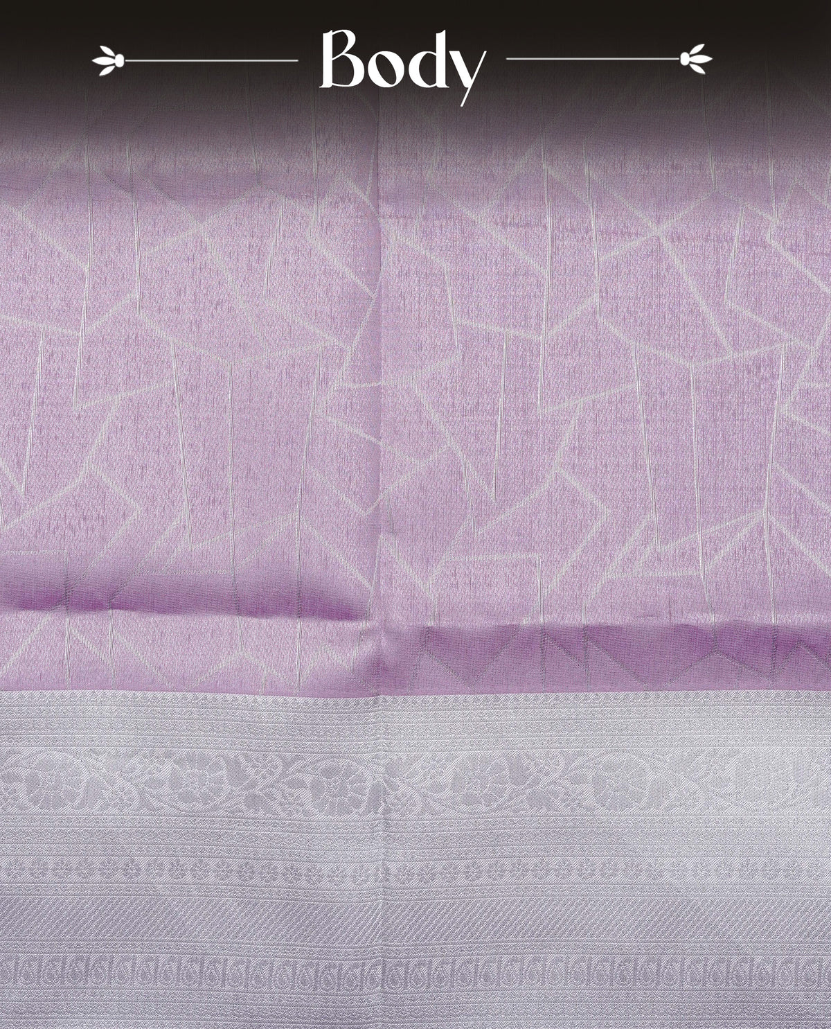 Light purple colour semi silk saree featuring Silver zari Geometric pattern on body, complemented by contrast Lavender colour with silver zari border, comes with matching blouse piece.