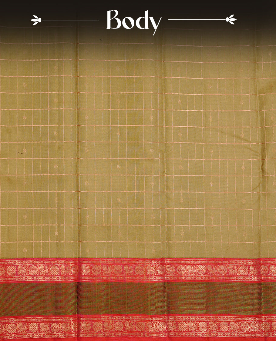 Light Olive colour traditional kancheepuram silk saree featuring gold zari check pattern on body, complemented by contrast red colour with gold zari traditional border, paired with matching blouse piece.