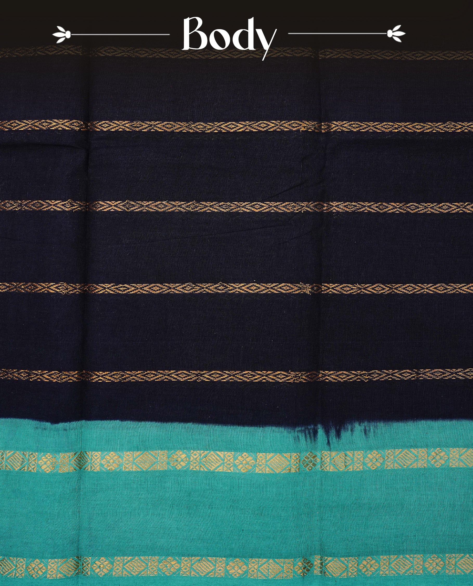 Navy blue colour colour Sungudi cotton saree featuring elegant gold zari stripes on the body, complemented by a contrast teal with gold zari border and pallu, paired with a matching blouse piece