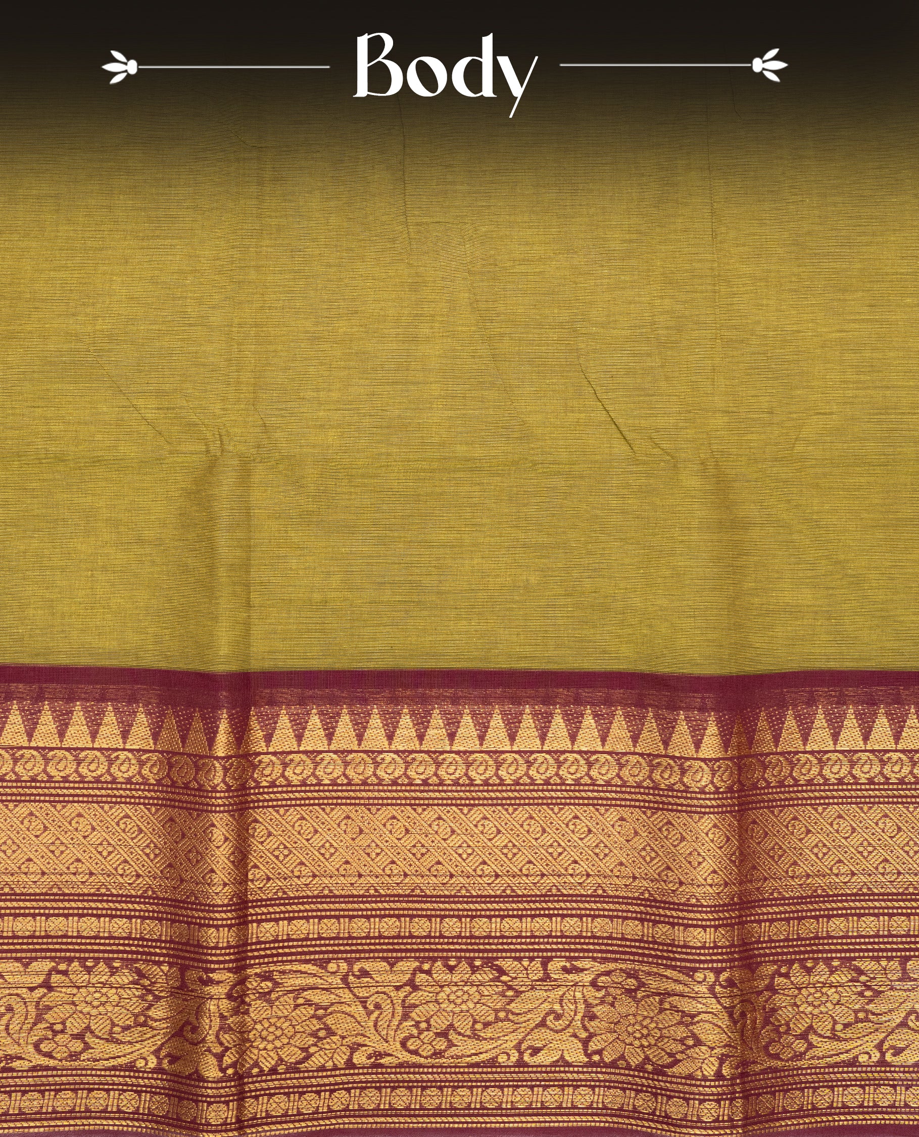 Olive colour chettinad cotton saree featuring elegant plain body, Contrast maroon colour with Gold zari border, comes with matching blouse piece.